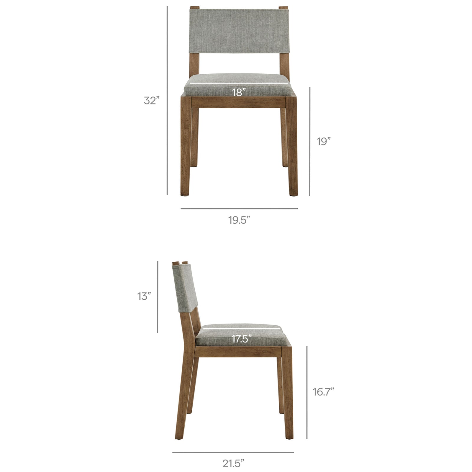 Dimension diagram of Calder dining chair showing overall height, seat width, depth, and leg height measurements || EEI-7485-HEW || dimension_studio