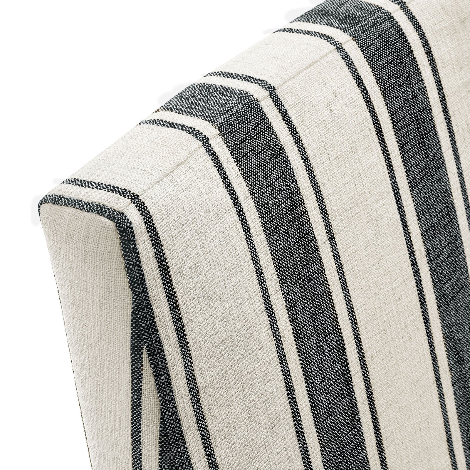 Linen-like striped upholstery and crisp seams highlight the Tessera dining chair backrest. || EEI-7486-BLK || detail_studio