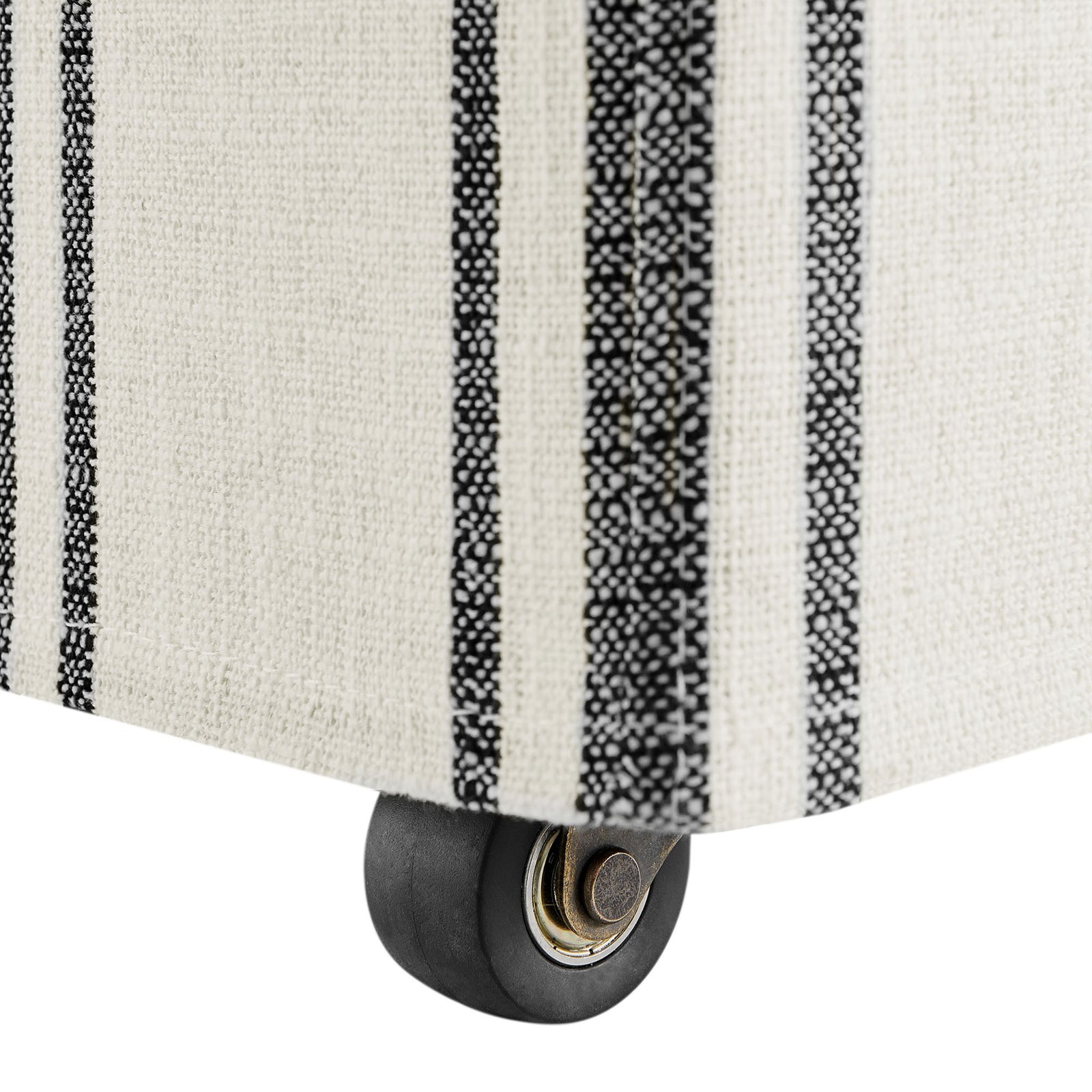 Hidden rolling caster tucked beneath the striped slipcovered base for smooth, easy movement. || EEI-7486-BLK || leg_studio