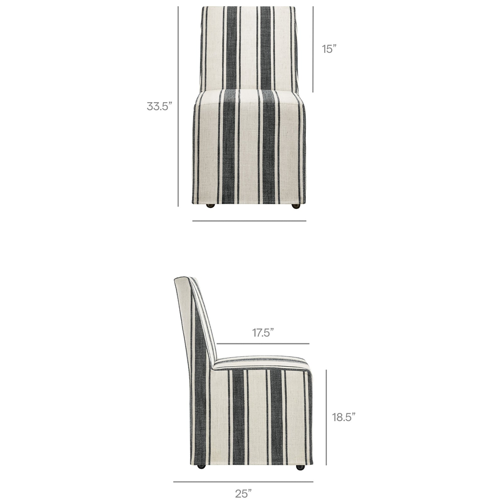 Striped dining chair with clearly labeled height, width, depth, and seat measurements for easy planning. || EEI-7486-BLK || dimension_studio