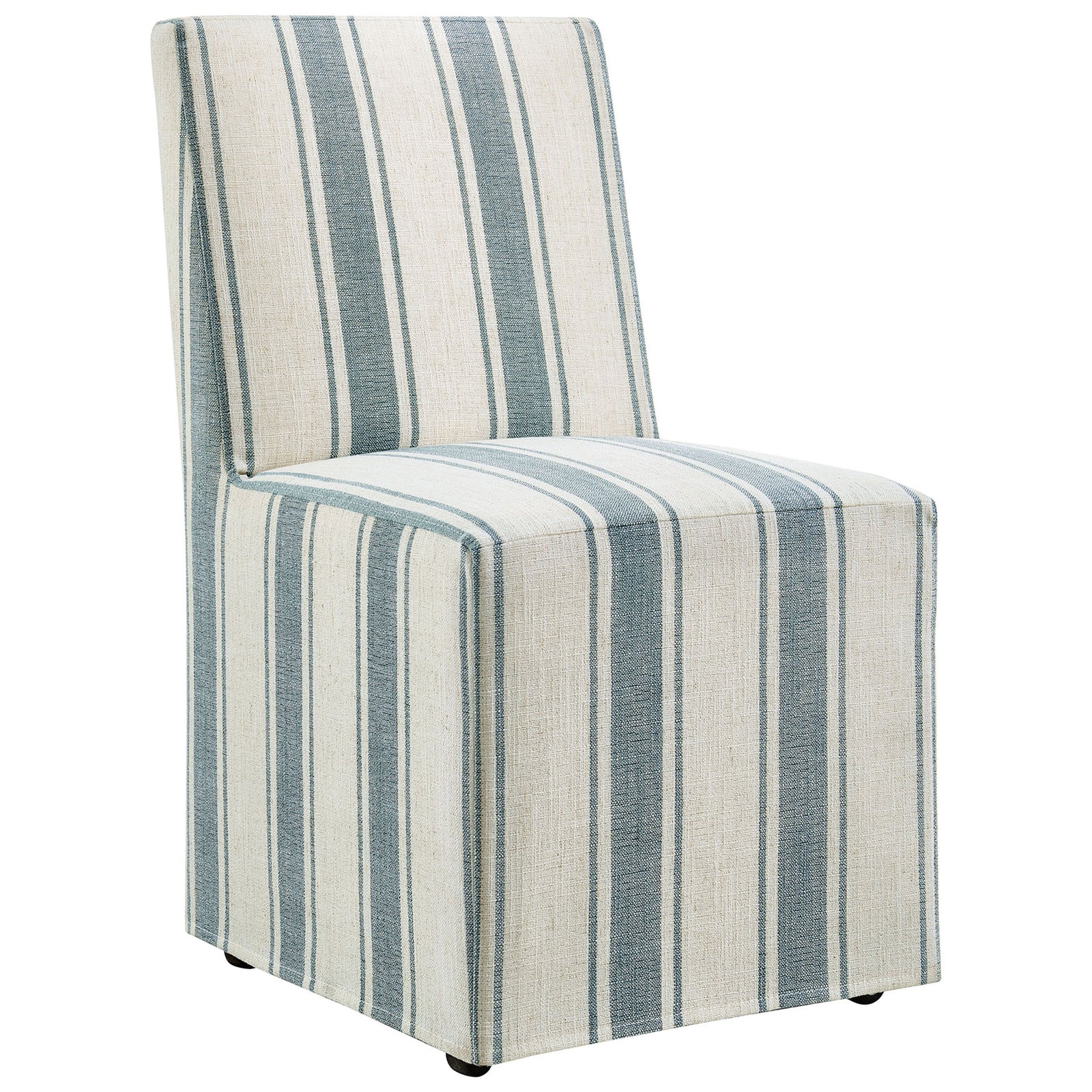 Tessera striped slipcovered dining chair in blue and cream linen-like fabric on hidden casters || EEI-7486-BLU || front_angle_studio