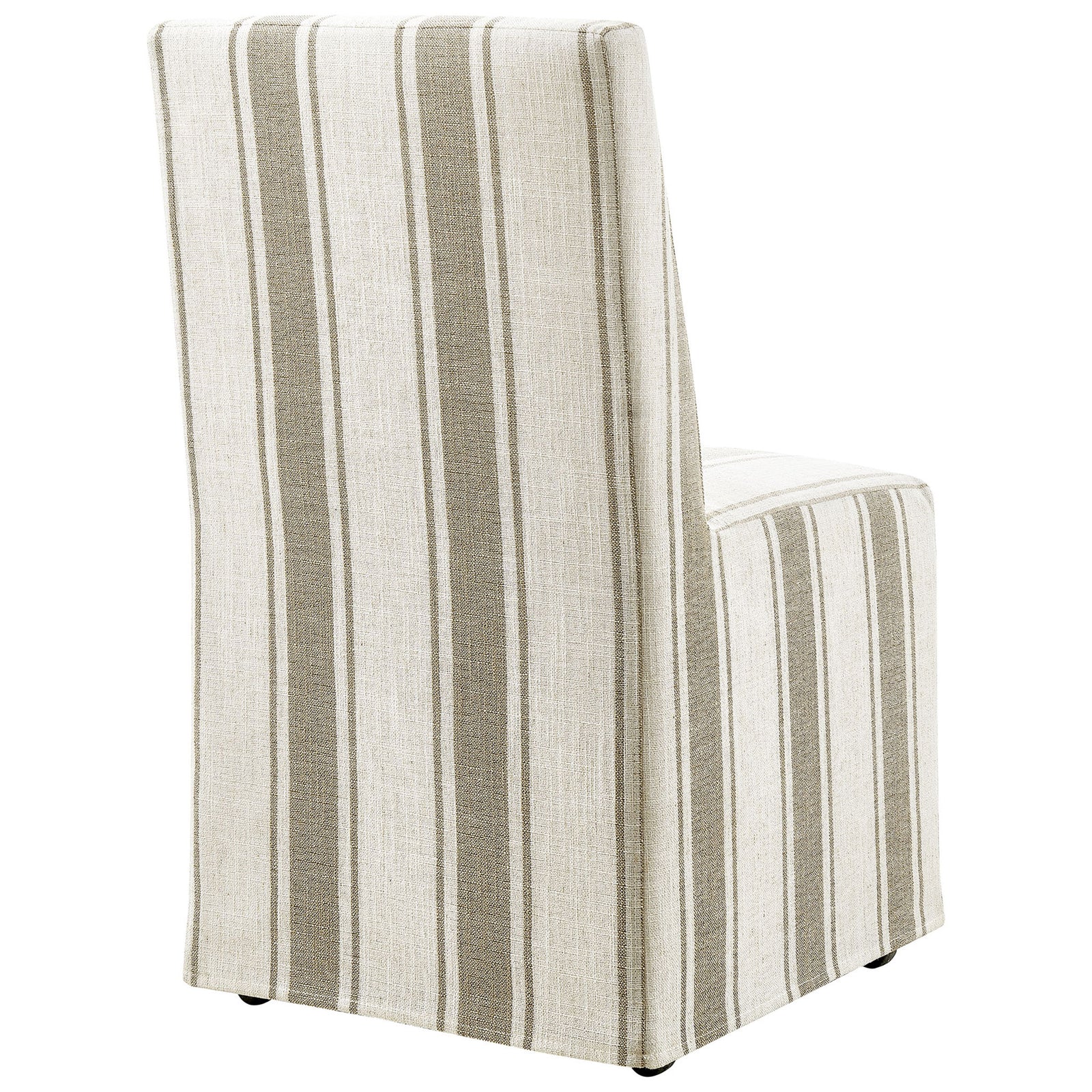 Tan striped dining chair showcasing the fully wrapped slipcover and clean lines along the back and base || EEI-7486-TAN || back_angle_studio