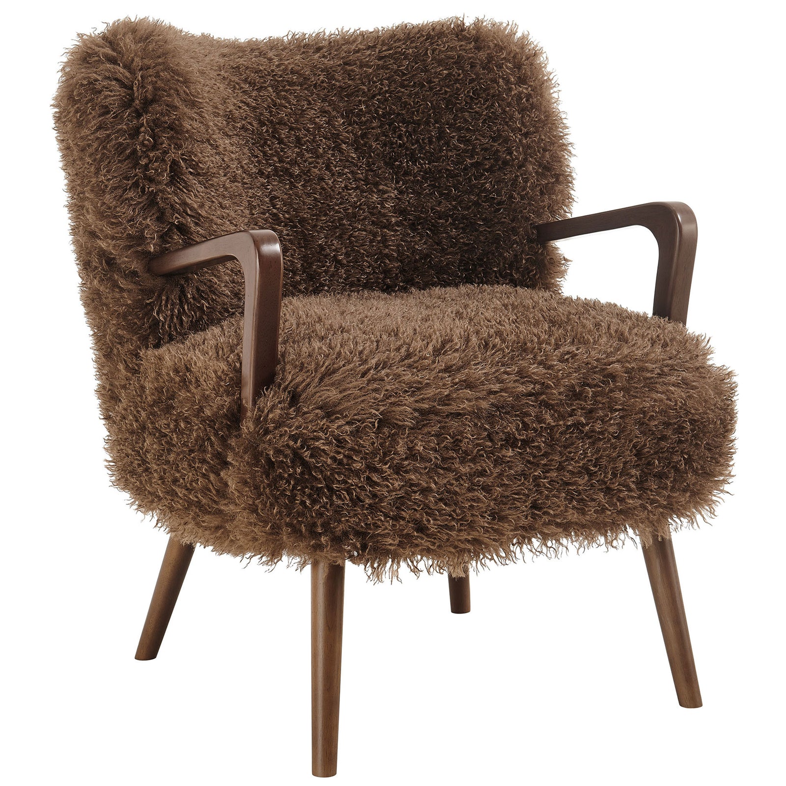 Cozy brown faux shearling chair with curved back, sloped wood armrests, and splayed legs. || EEI-7487-BRN || front_angle_studio