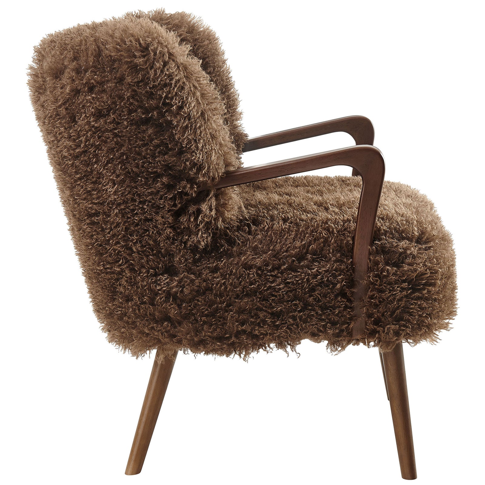 Thick, plush seat and curly faux shearling upholstery pair with sculpted wood arms for a refined profile. || EEI-7487-BRN || side_studio