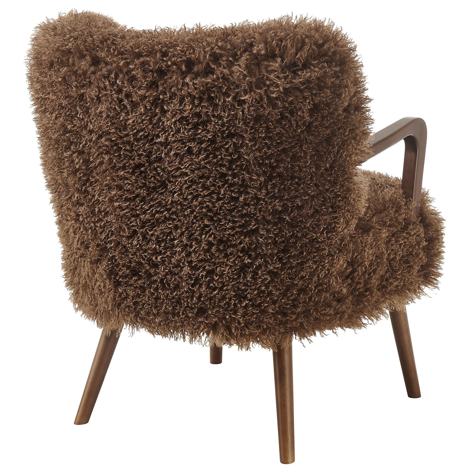 Rounded, wraparound back in deep-pile faux shearling with tapered wood legs for mid-century charm. || EEI-7487-BRN || back_angle_studio