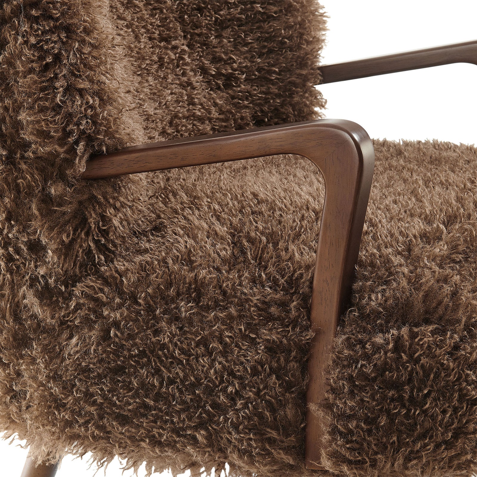 Smooth wood armrest and rich faux shearling texture deliver tactile contrast and comfort. || EEI-7487-BRN || detail_studio