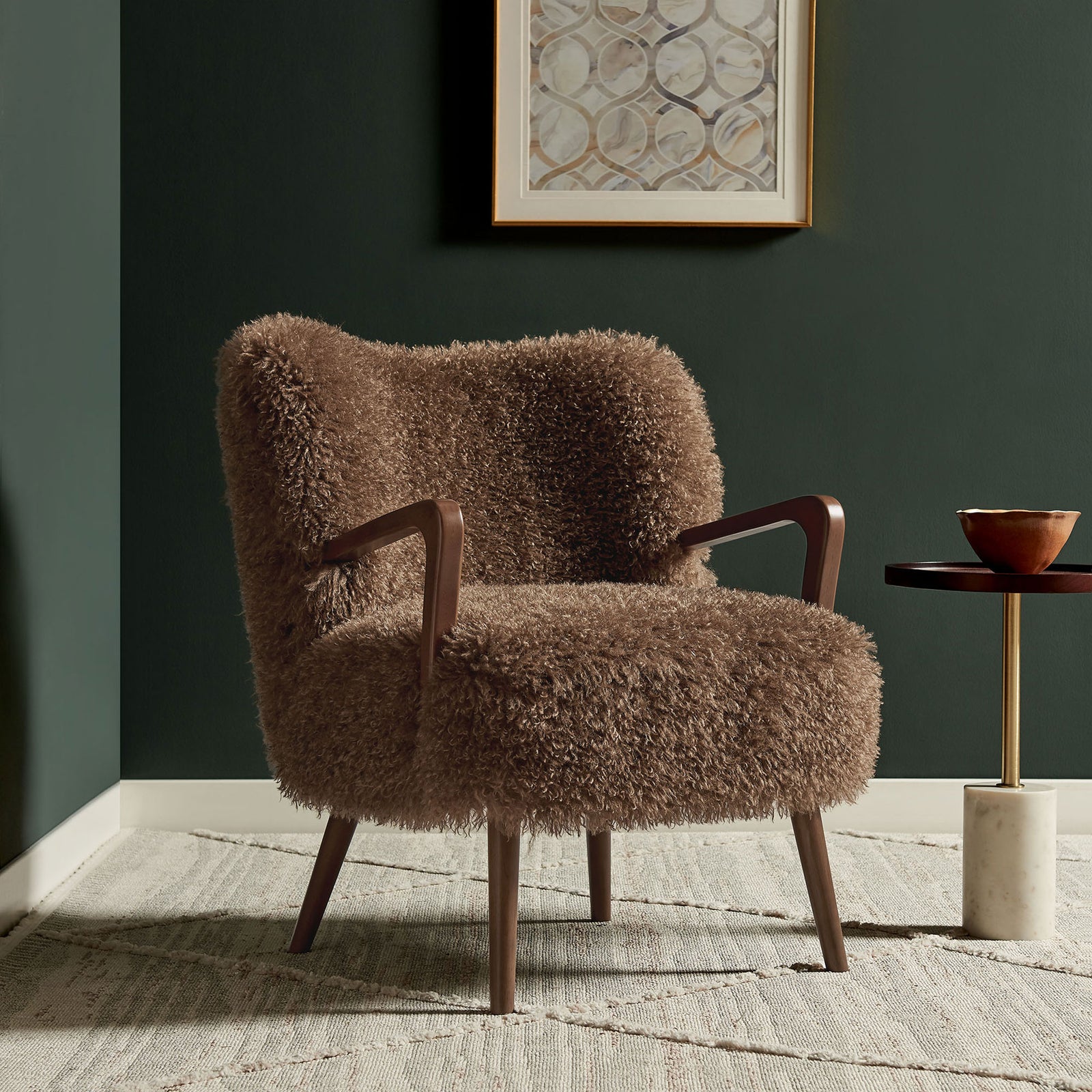 Brown faux shearling accent chair with sculpted wood arms and splayed legs for a modern, inviting look. || EEI-7487-BRN || front_angle_room