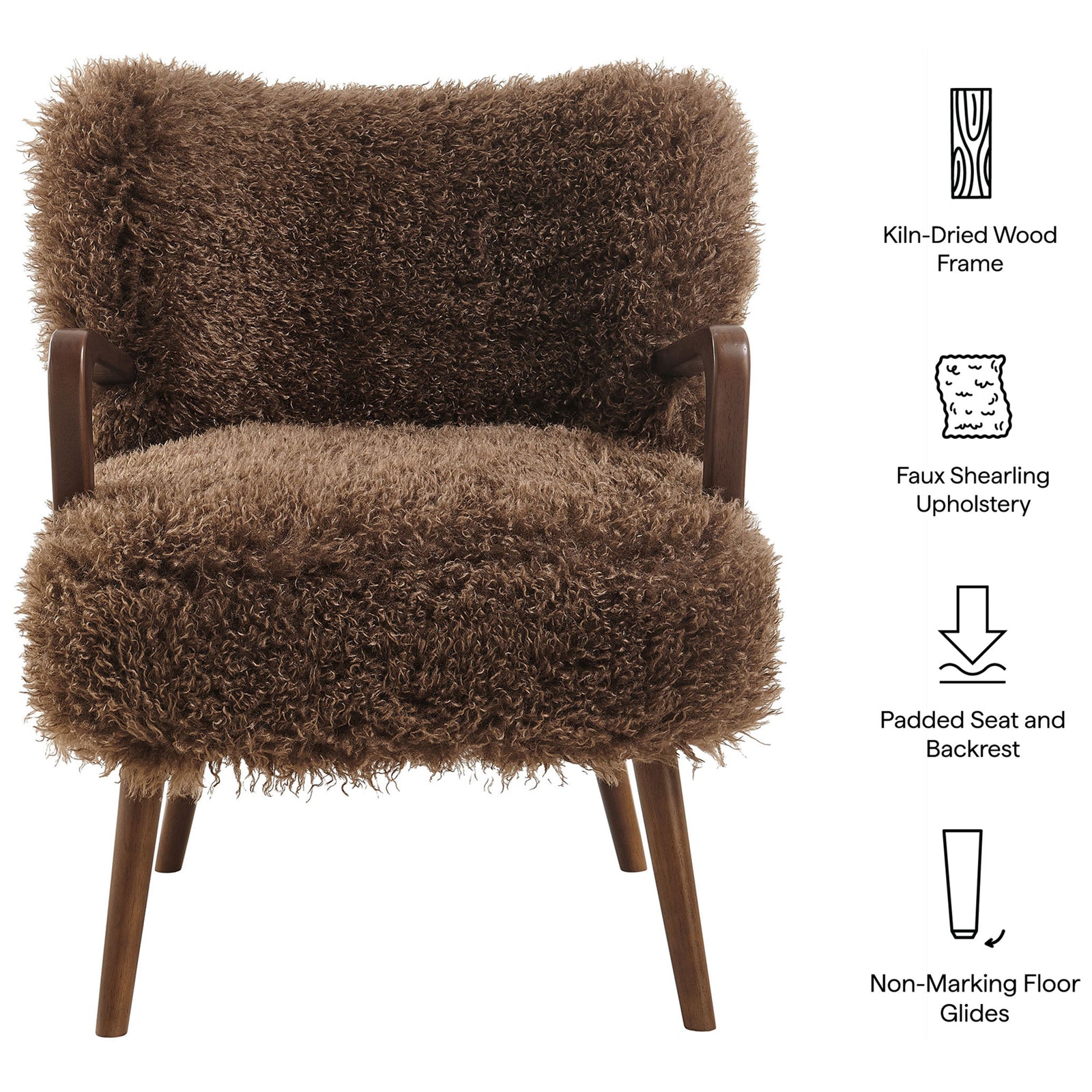 Supportive padded seat and back in soft faux shearling on a sturdy kiln-dried wood frame. || EEI-7487-BRN || callout_studio
