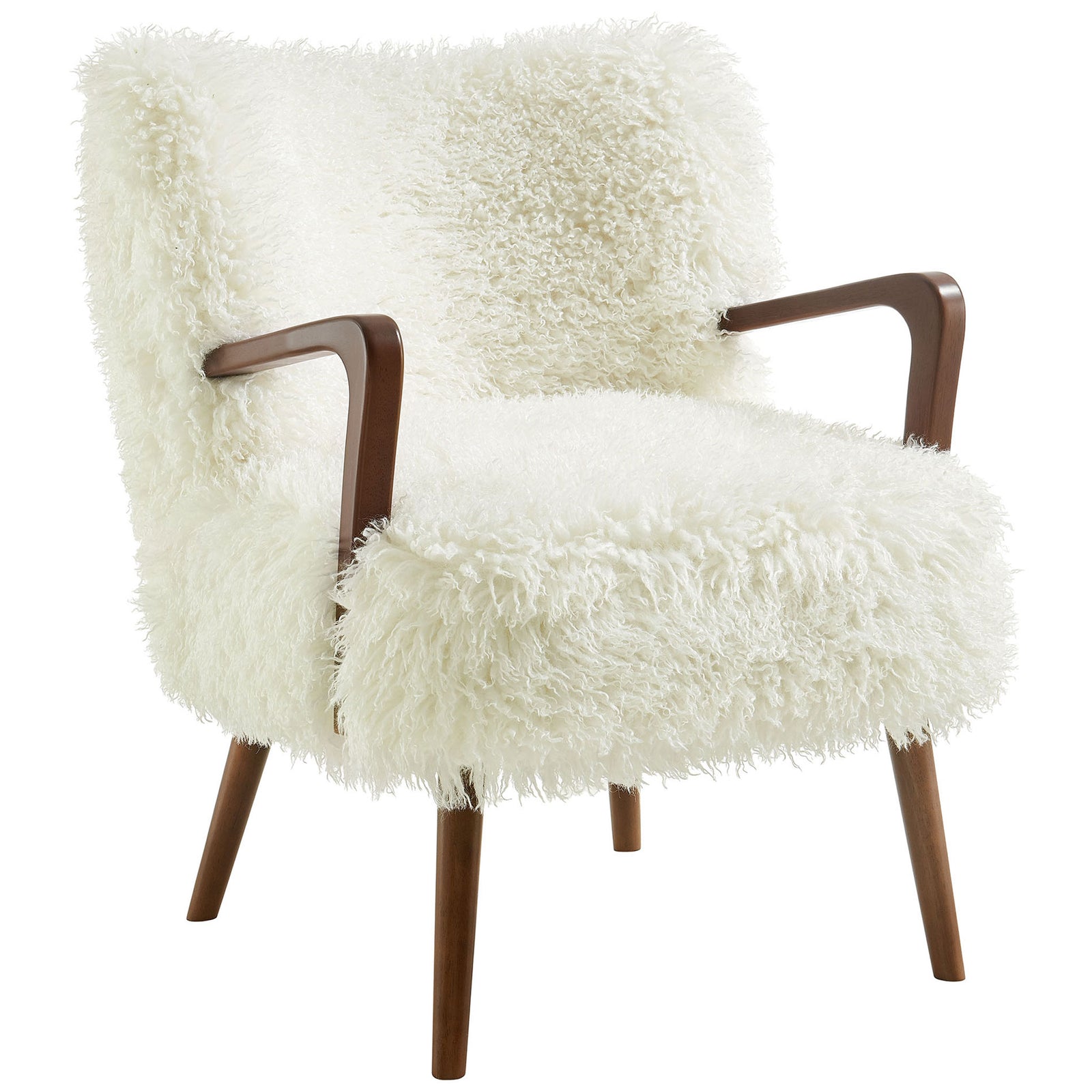Curved, cloud-soft seat and back pair with warm wood armrests for an inviting mid-century statement || EEI-7487-WHI || front_angle_studio
