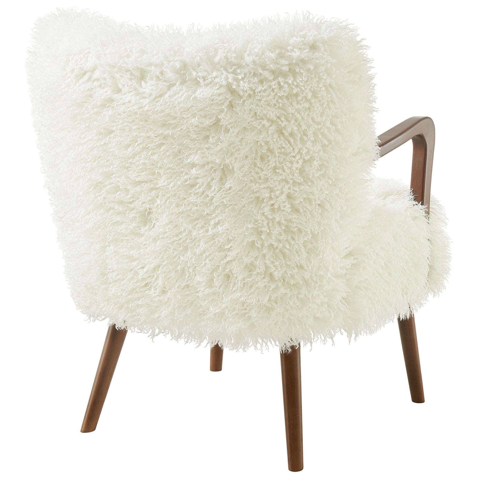 Shaggy faux shearling wraps a sculptural silhouette grounded by tapered wood legs || EEI-7487-WHI || back_angle_studio