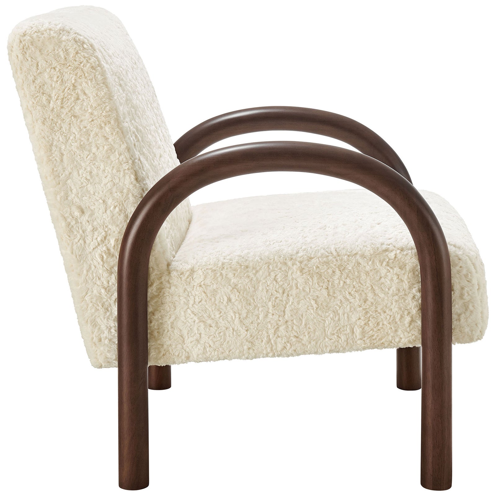 Sleek arched wood arms flow into the legs for a continuous, sculptural side profile || EEI-7488-ECR || side_studio