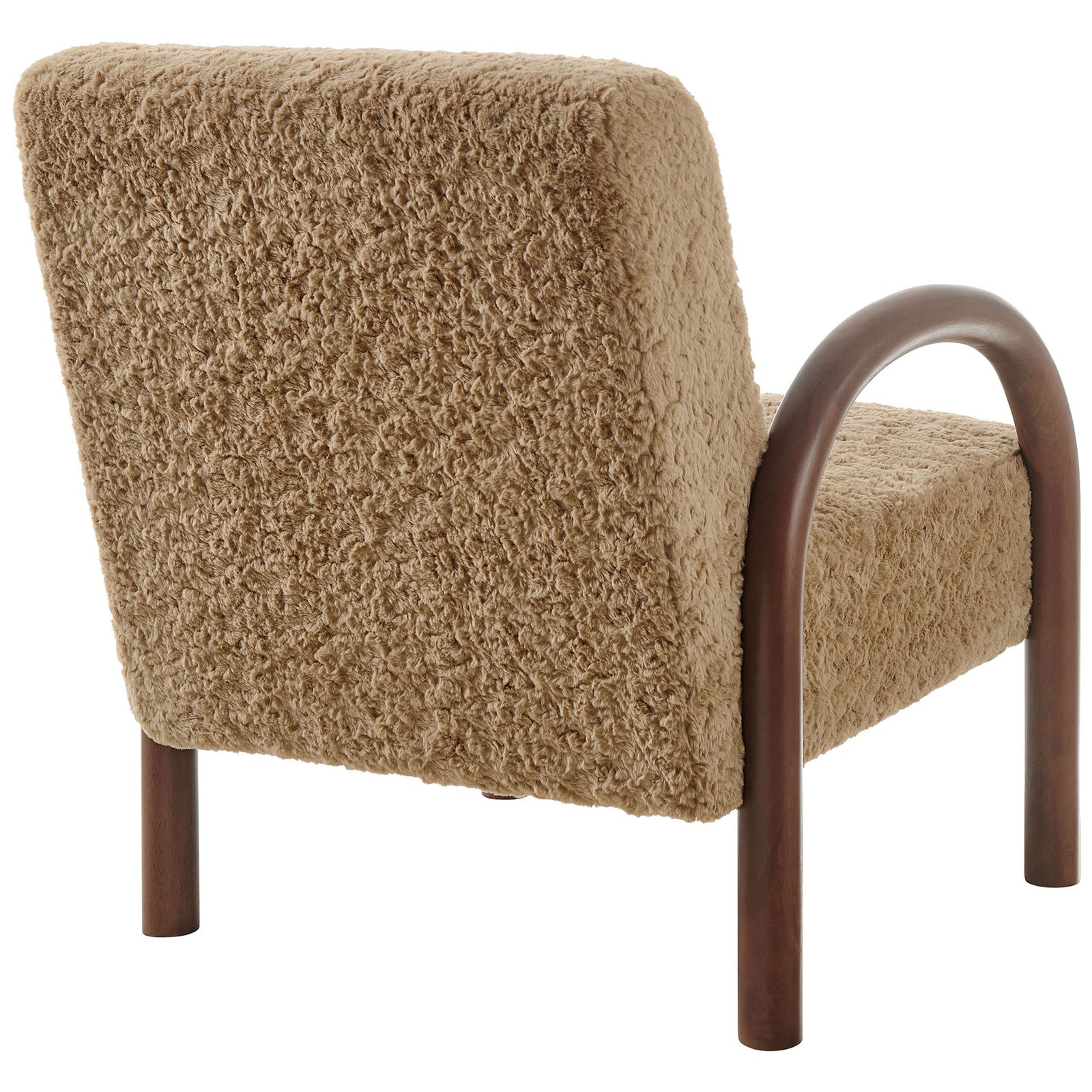 Gently rounded backrest wrapped in sand faux shearling with warm wood arches framing the profile || EEI-7488-SAN || back_angle_studio