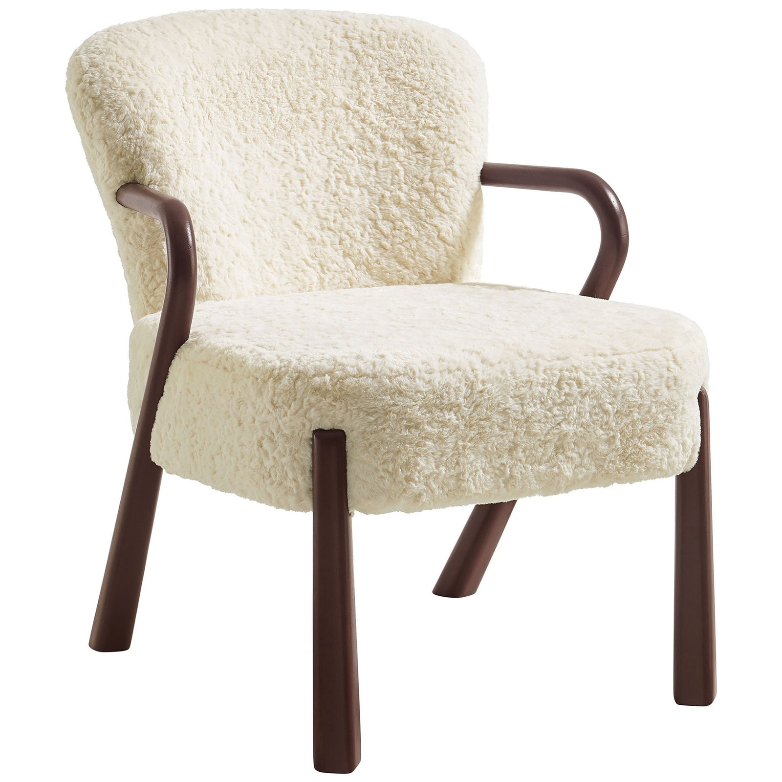 Sculptural arched wood arms cradle a thick, inviting faux shearling seat for a cozy accent. || EEI-7489-ECR || front_angle_studio