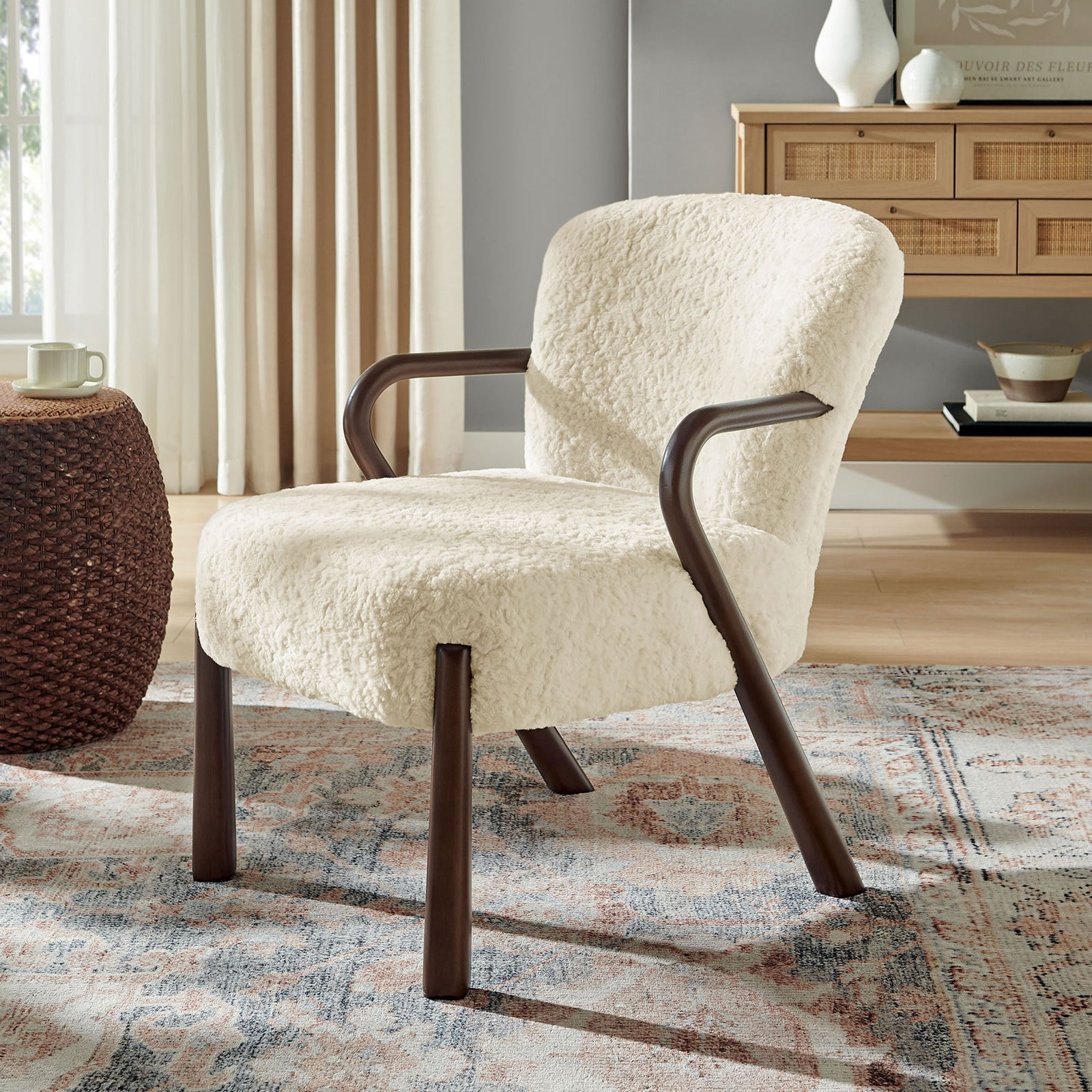 Inviting faux shearling and sculpted wood arms enhance the room with warm, modern character. || EEI-7489-ECR || front_angle_room