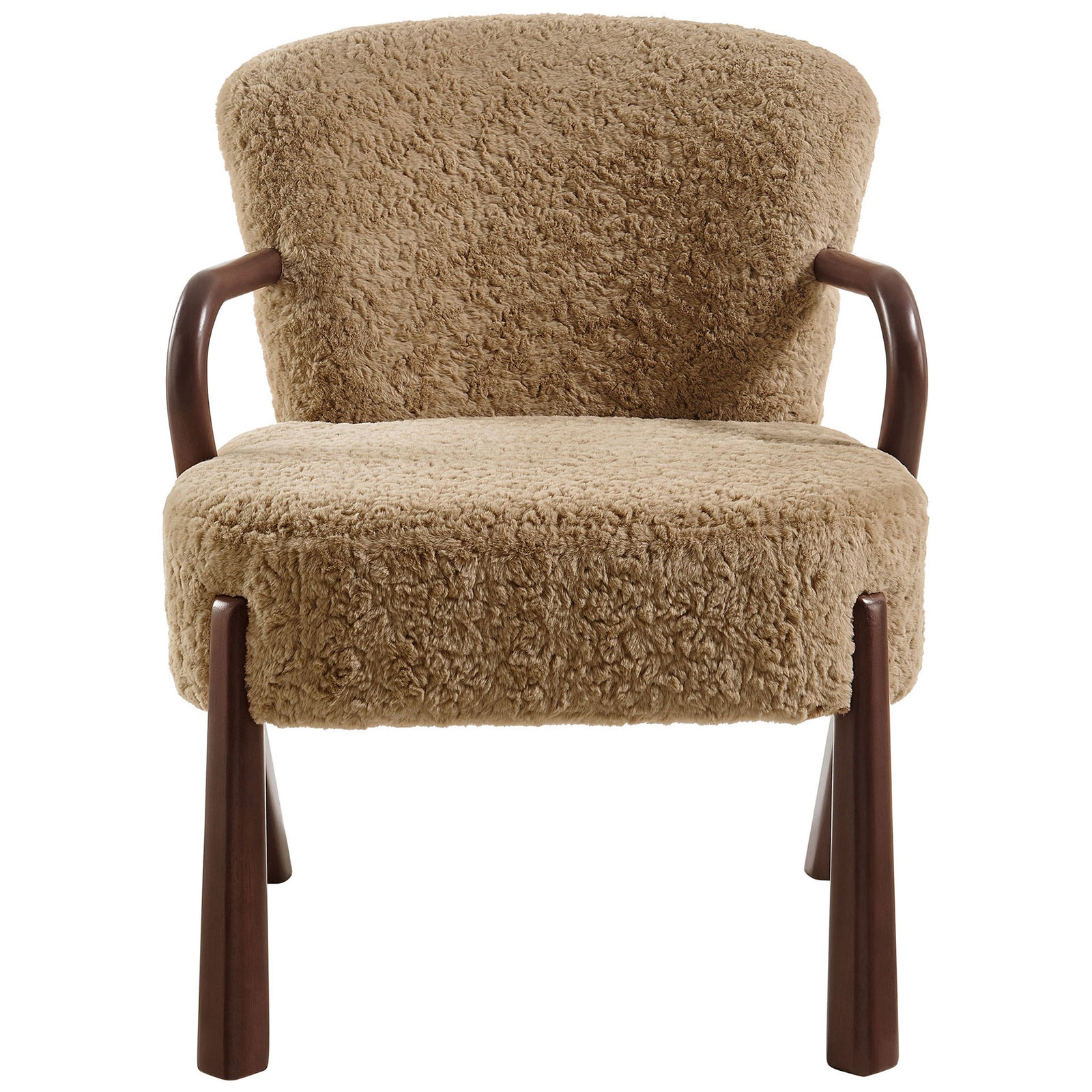 Faux shearling accent chair with arched solid wood arms and legs in a warm walnut finish || EEI-7489-SAN || front_studio