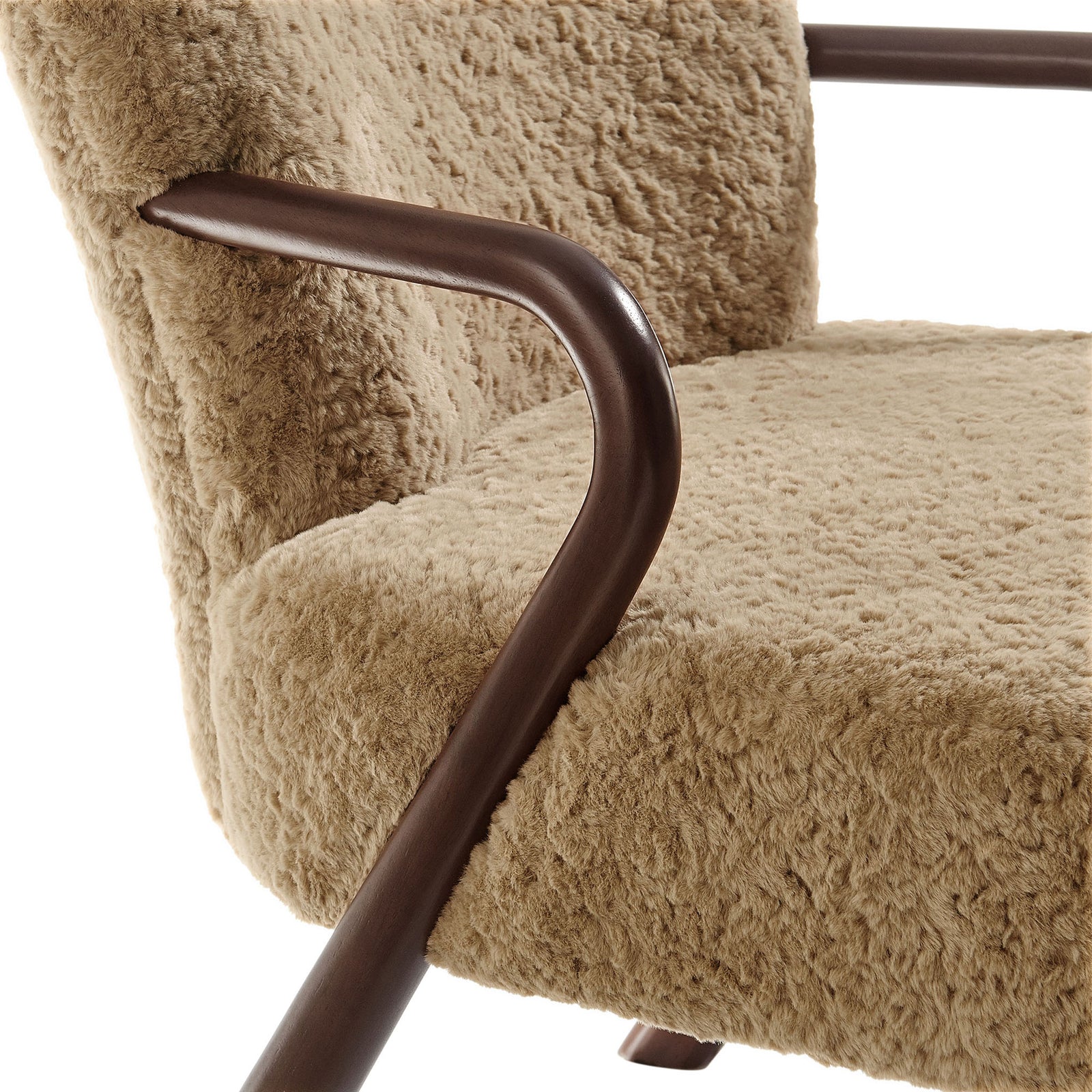 Plush, boucle-like faux shearling meets a smooth, curved wood arm for inviting comfort || EEI-7489-SAN || detail_studio