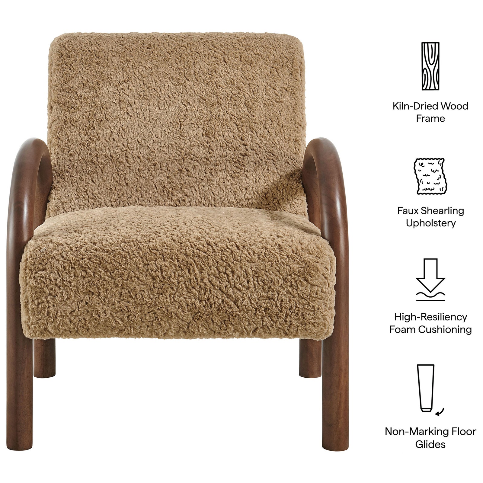 Highlights include kiln-dried wood frame, faux shearling, high-resiliency foam, and floor glides || EEI-7489-SAN || callout_studio
