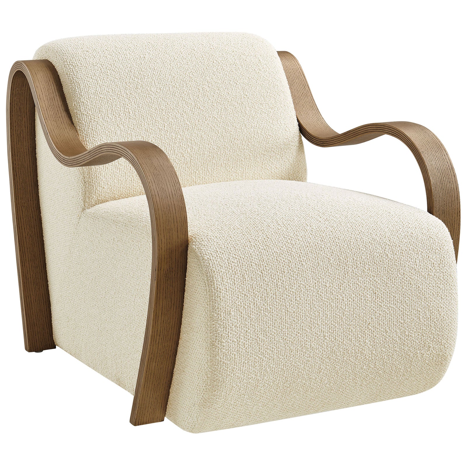 Sculptural accent chair in cream boucle with gracefully arched bentwood arms || EEI-7490-CRE || front_angle_studio
