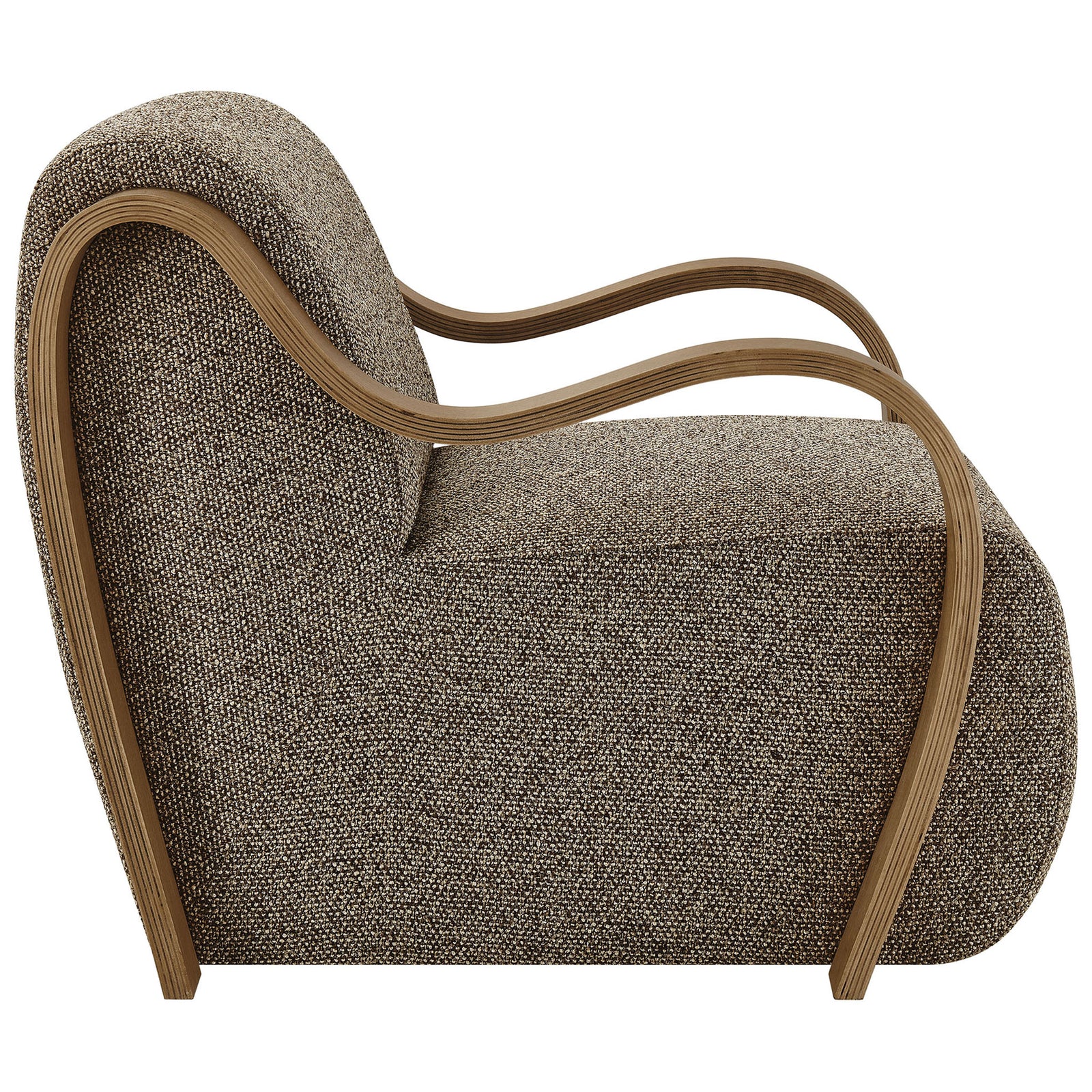 Flowing profile showcases the curved bentwood arms and low, lounge-ready seat. || EEI-7490-ETH || side_studio