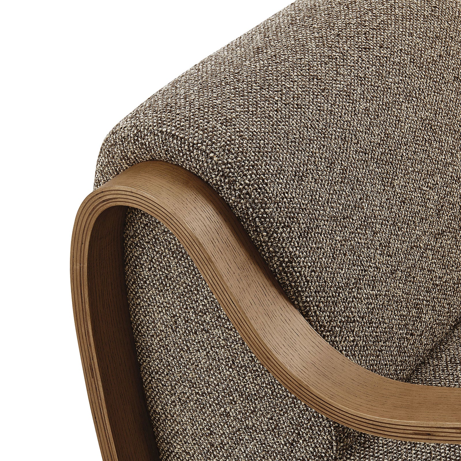 Kiln-dried bentwood arm with smooth grain beside textured lattice boucle. || EEI-7490-ETH || detail_studio
