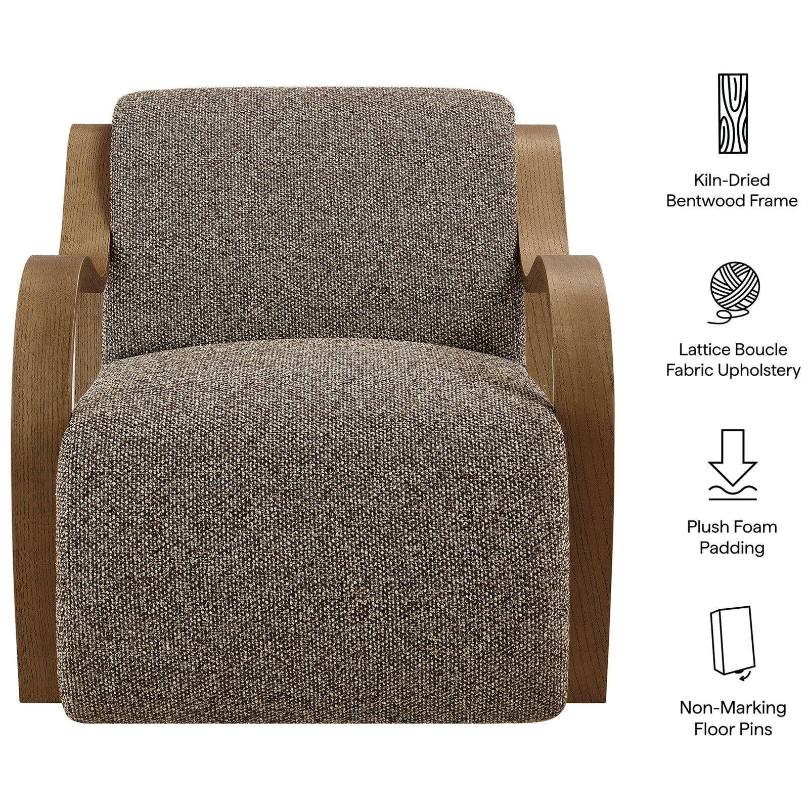 Features include kiln-dried bentwood arms, lattice boucle upholstery, plush foam, and floor-friendly pins. || EEI-7490-ETH || callout_studio