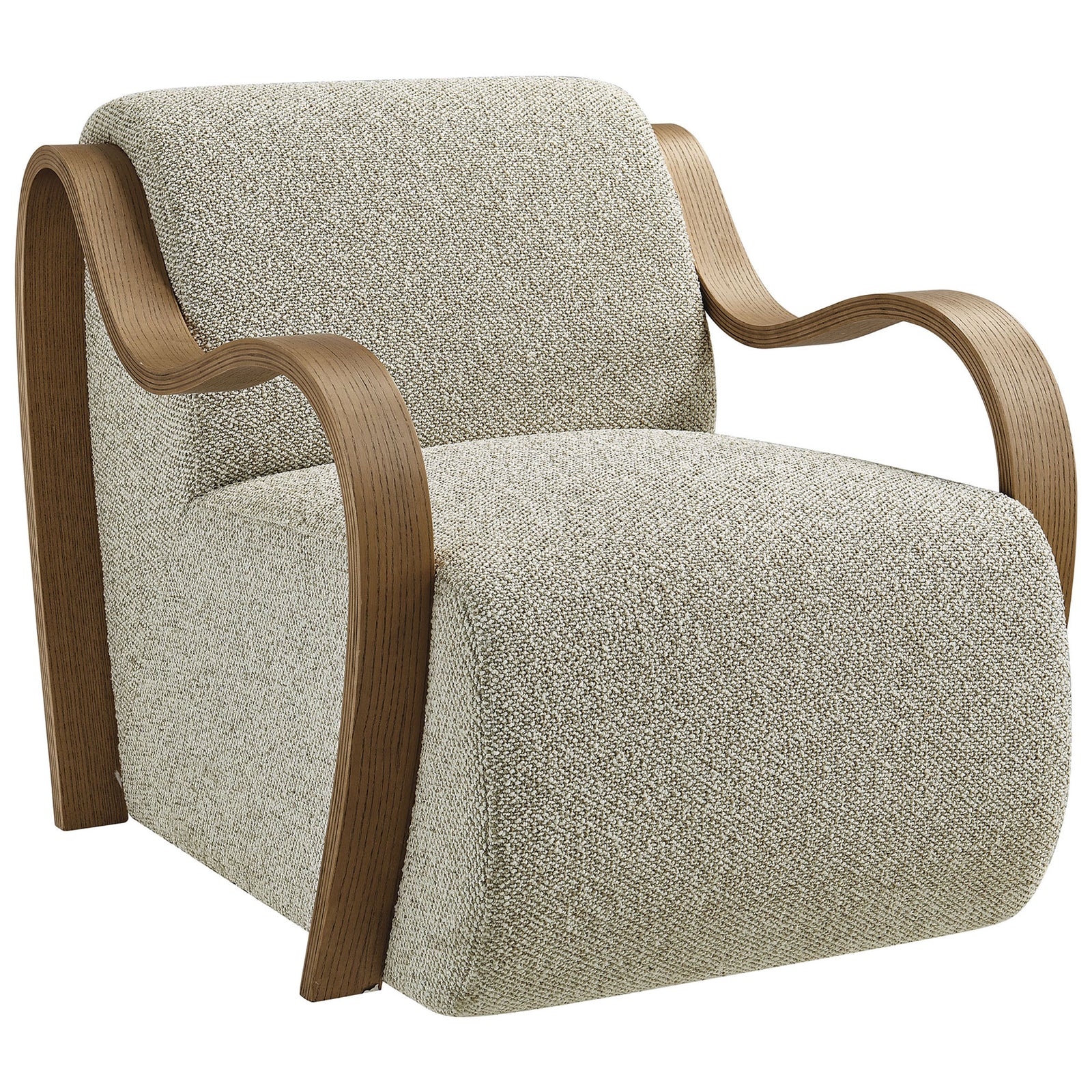 Textured lattice boucle and a flowing seat-to-floor silhouette pair with warm bentwood arms for cozy style || EEI-7490-MRB || front_angle_studio