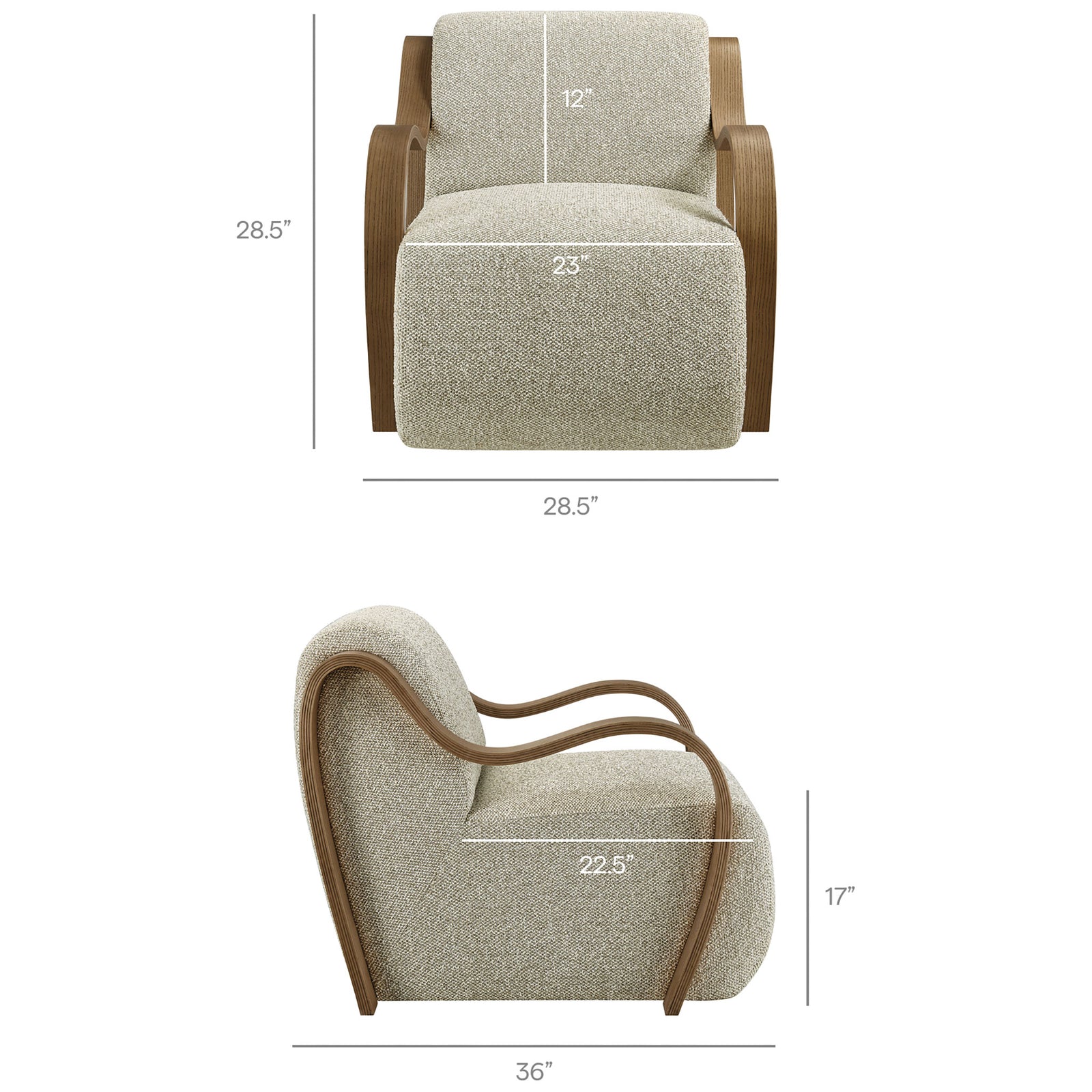 Generous proportions with supportive back and wide seat in textured boucle with elegant bentwood arms || EEI-7490-MRB || dimension_studio
