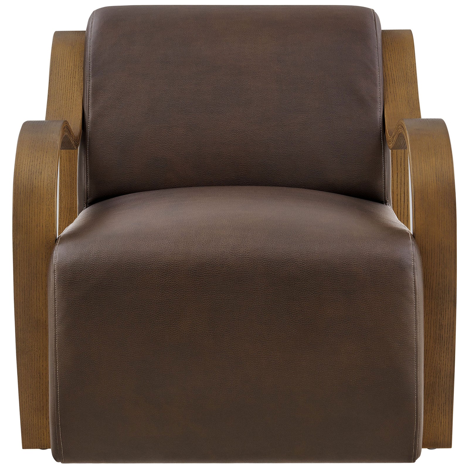 Atrium chair in espresso vegan leather with sculptural bentwood arms and a plush, seamless seat base || EEI-7491-ESP || front_studio