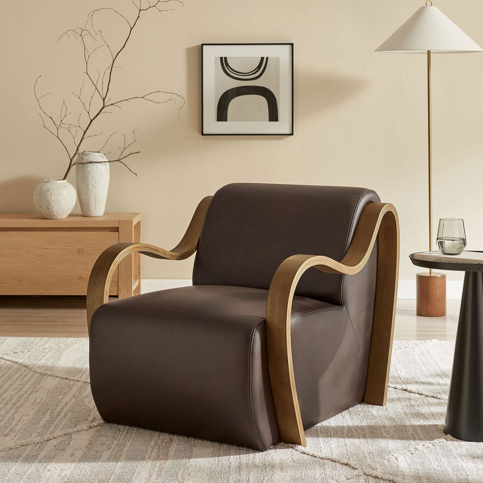 Statement accent chair with espresso vegan leather and sculptural bentwood arms || EEI-7491-ESP || front_angle_room