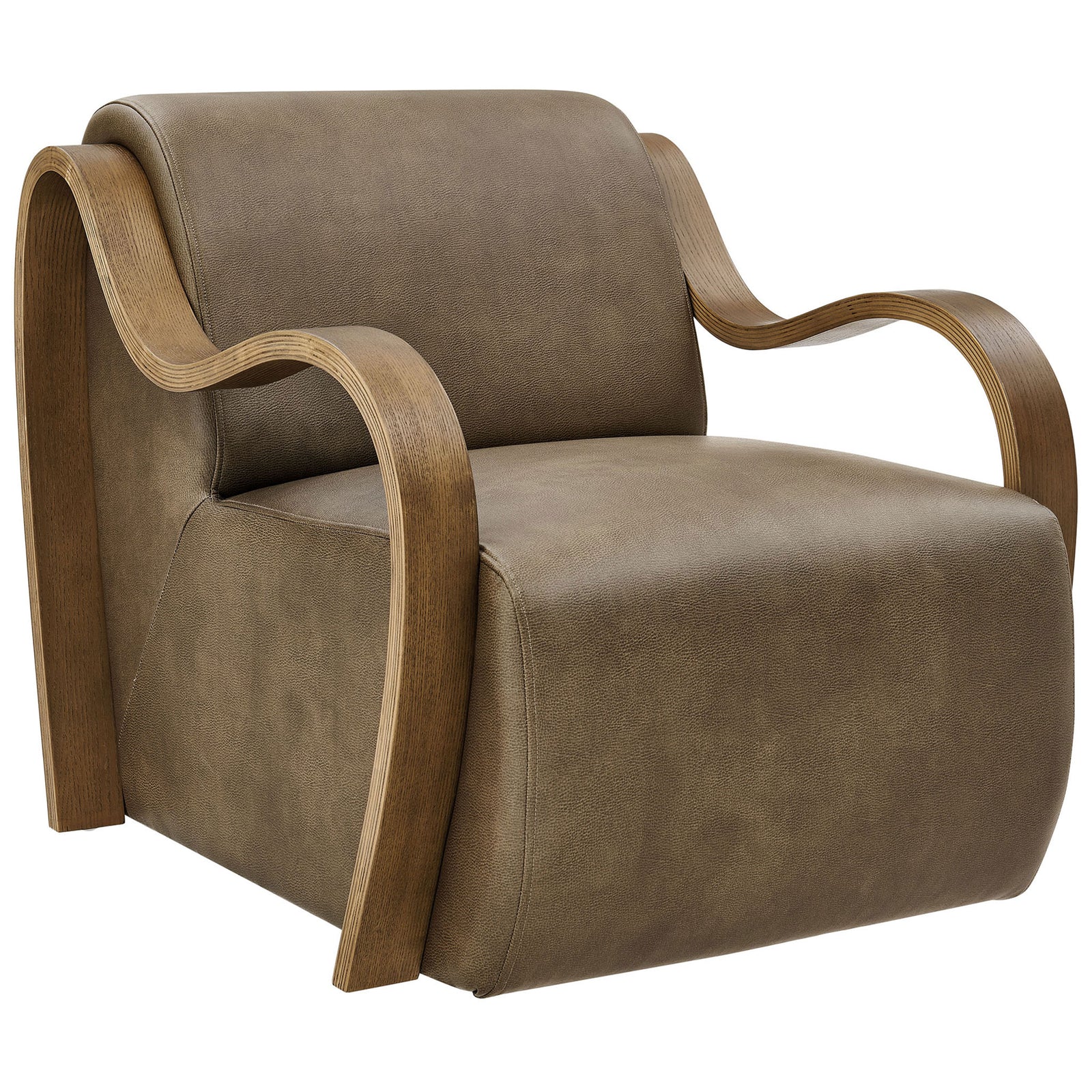 Pebbled vegan leather lounge chair in mushroom with sweeping bentwood arms and a grounded, plush silhouette. || EEI-7491-MUS || front_angle_studio
