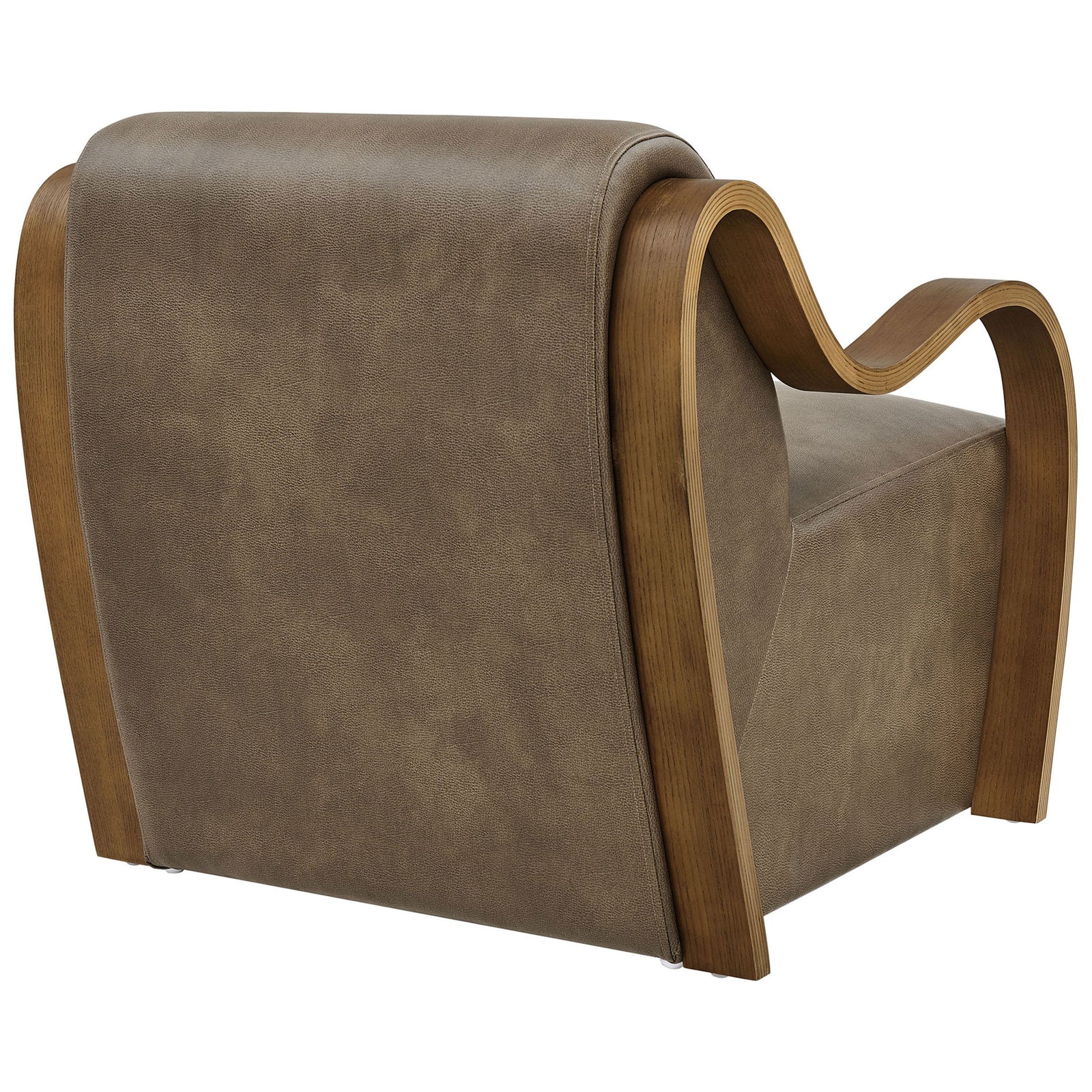 Curved backrest and sculpted wood arms wrap a plush, mushroom vegan leather seat with seamless tailoring. || EEI-7491-MUS || back_angle_studio
