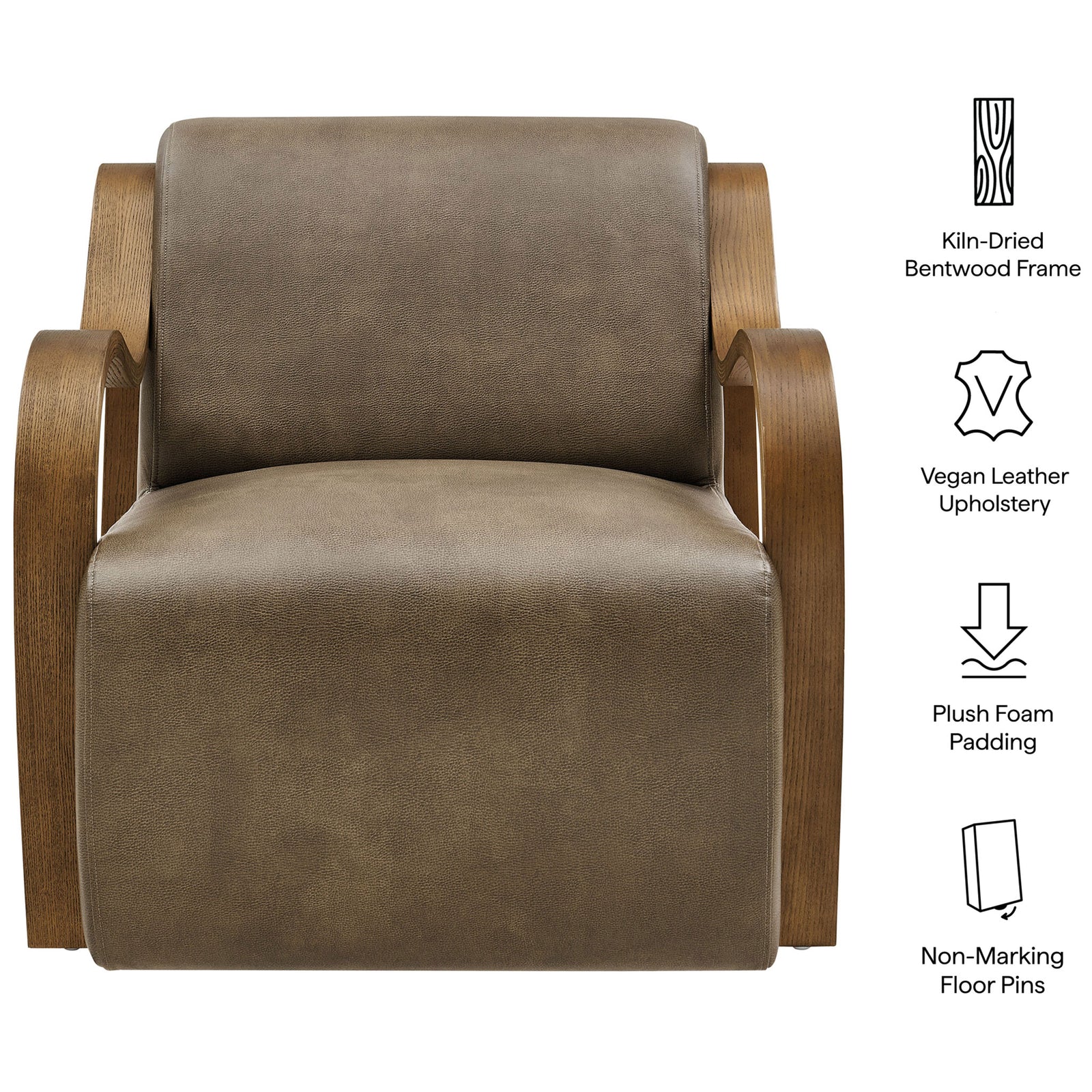 Feature highlights include kiln-dried bentwood frame, vegan leather upholstery, plush foam, and floor-friendly pins. || EEI-7491-MUS || callout_studio