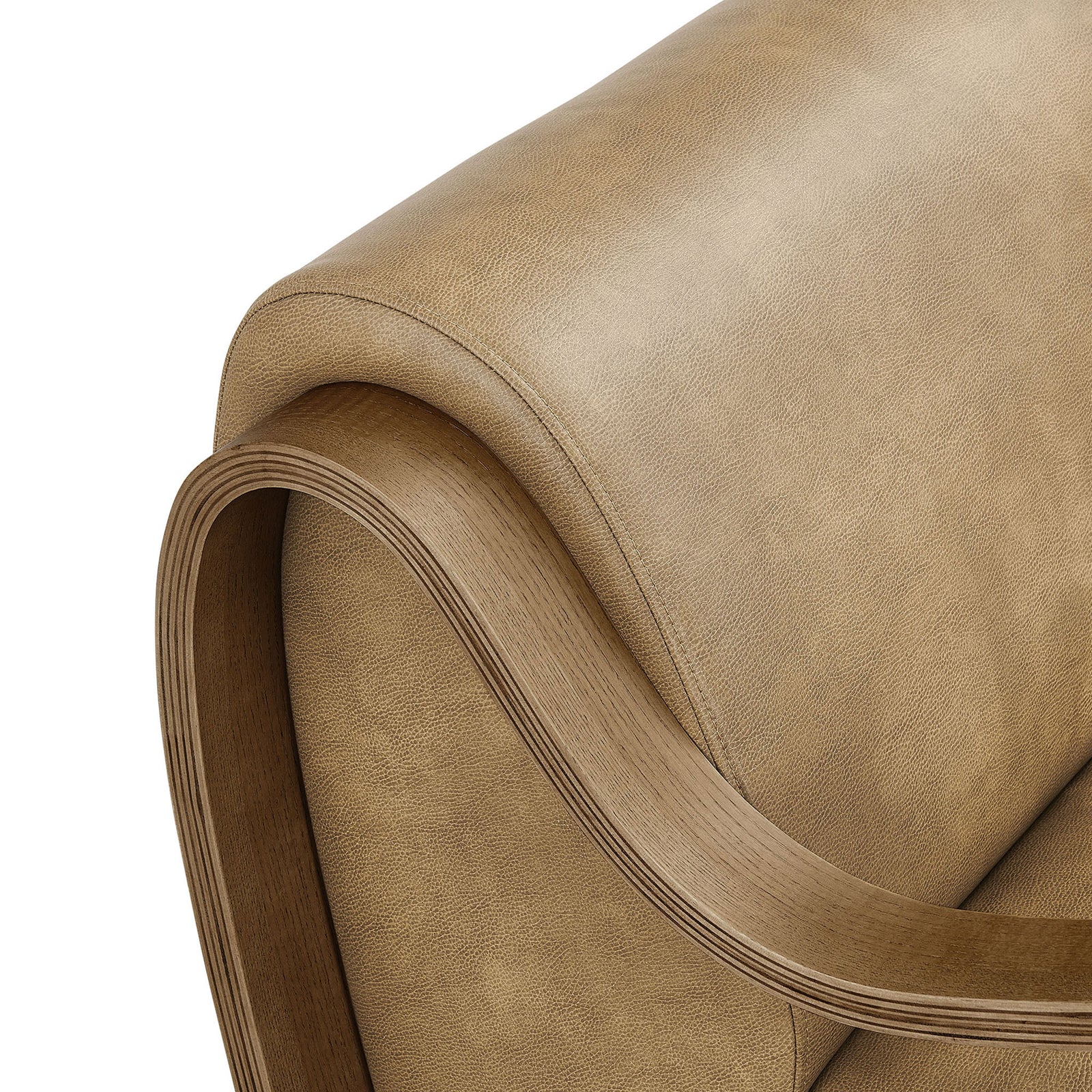 Bentwood arm detail with layered grain and smooth curves against pebbled vegan leather upholstery || EEI-7491-TST || detail_studio