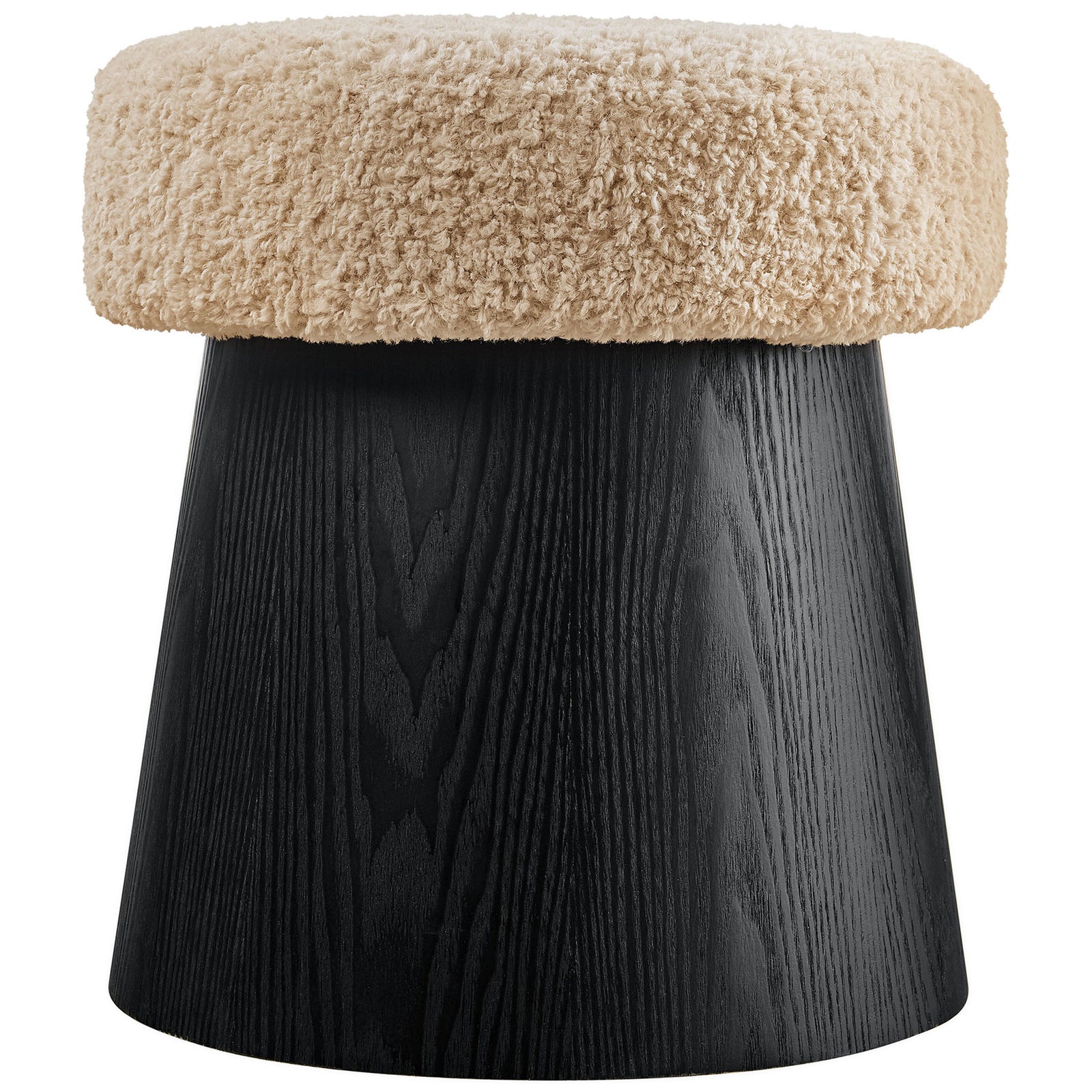 Round faux shearling ottoman with plush oatmeal seat and bold black wood grain conical base || EEI-7493-OAT-BLK || front_studio