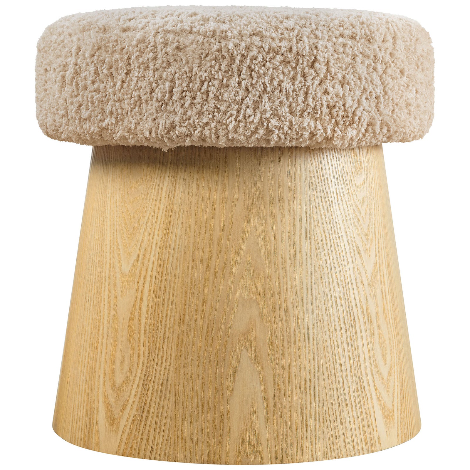 Ketra round faux shearling ottoman with plush oatmeal seat and warm oak wood base || EEI-7493-OAT-OAK || front_studio
