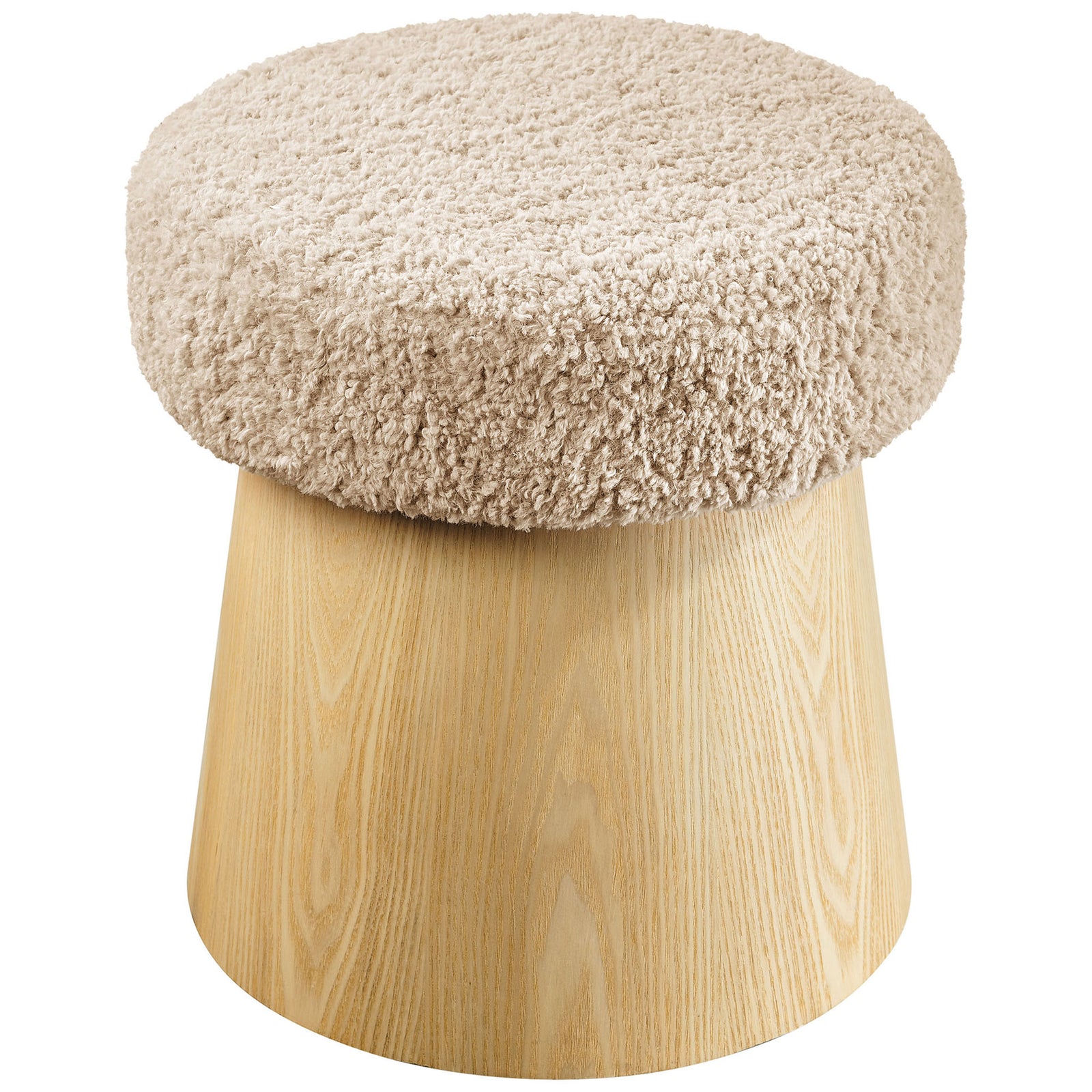 Round faux shearling footstool with cozy textured seat and flared oak veneer pedestal base || EEI-7493-OAT-OAK || top_angle_studio