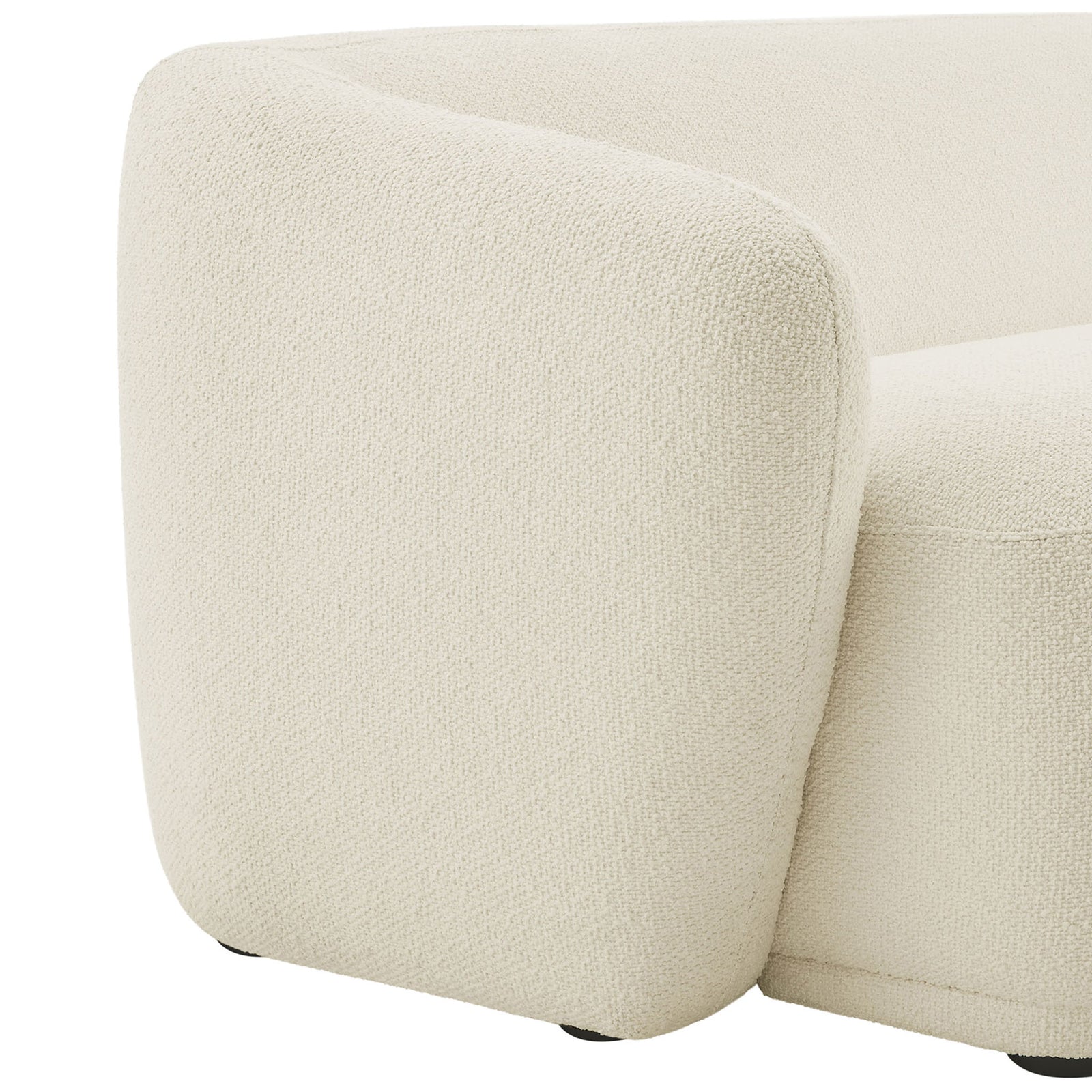 Textured cream boucle upholstery and softly curved arm showcase the Monica sofa's cozy feel || EEI-7501-CRE || detail_studio