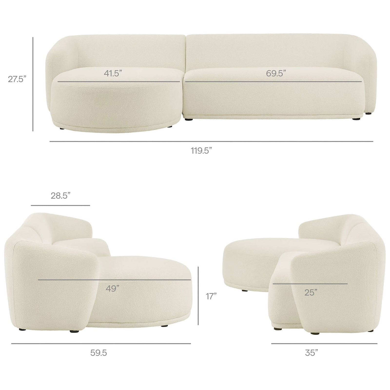 Monica left facing sectional with clearly labeled measurements for width, depth, and seat height. || EEI-7502-CRE || dimension_studio