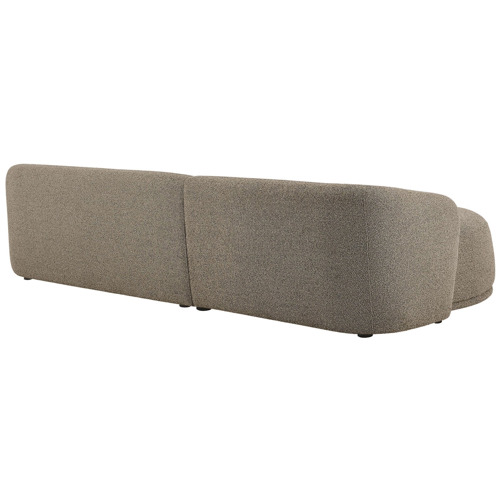 Continuous curved back and neatly tailored boucle upholstery create a sculptural silhouette || EEI-7502-ETH || back_angle_studio