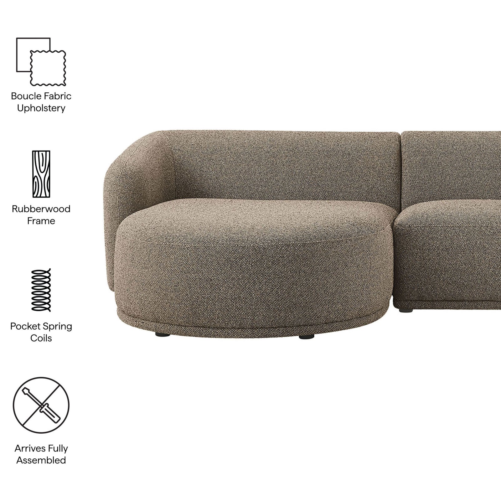Feature graphic highlighting boucle upholstery, rubberwood frame, pocket spring coils, and fully assembled design || EEI-7502-ETH || callout_studio
