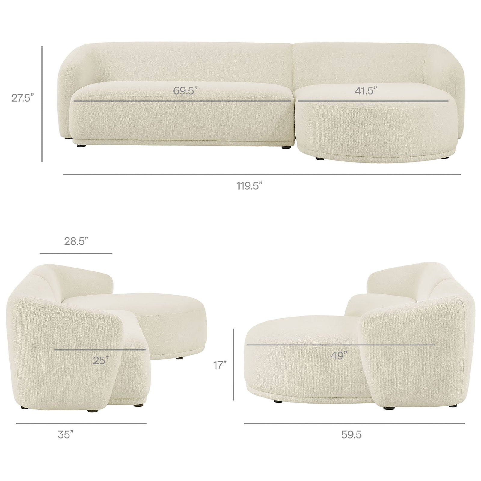 Monica right facing sectional with detailed measurements to help plan seating layouts. || EEI-7503-CRE || dimension_studio