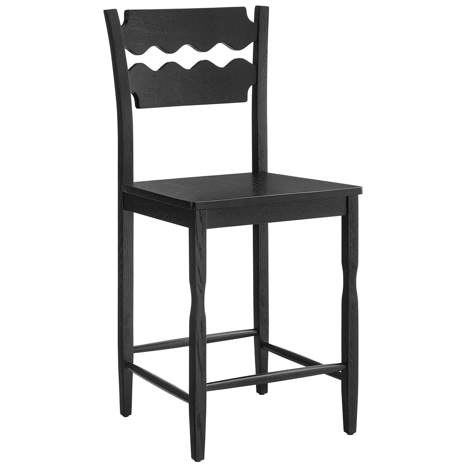 Sculpted black oak counter stool with curved wavy back and square seat || EEI-7505-BLK || front_angle_studio