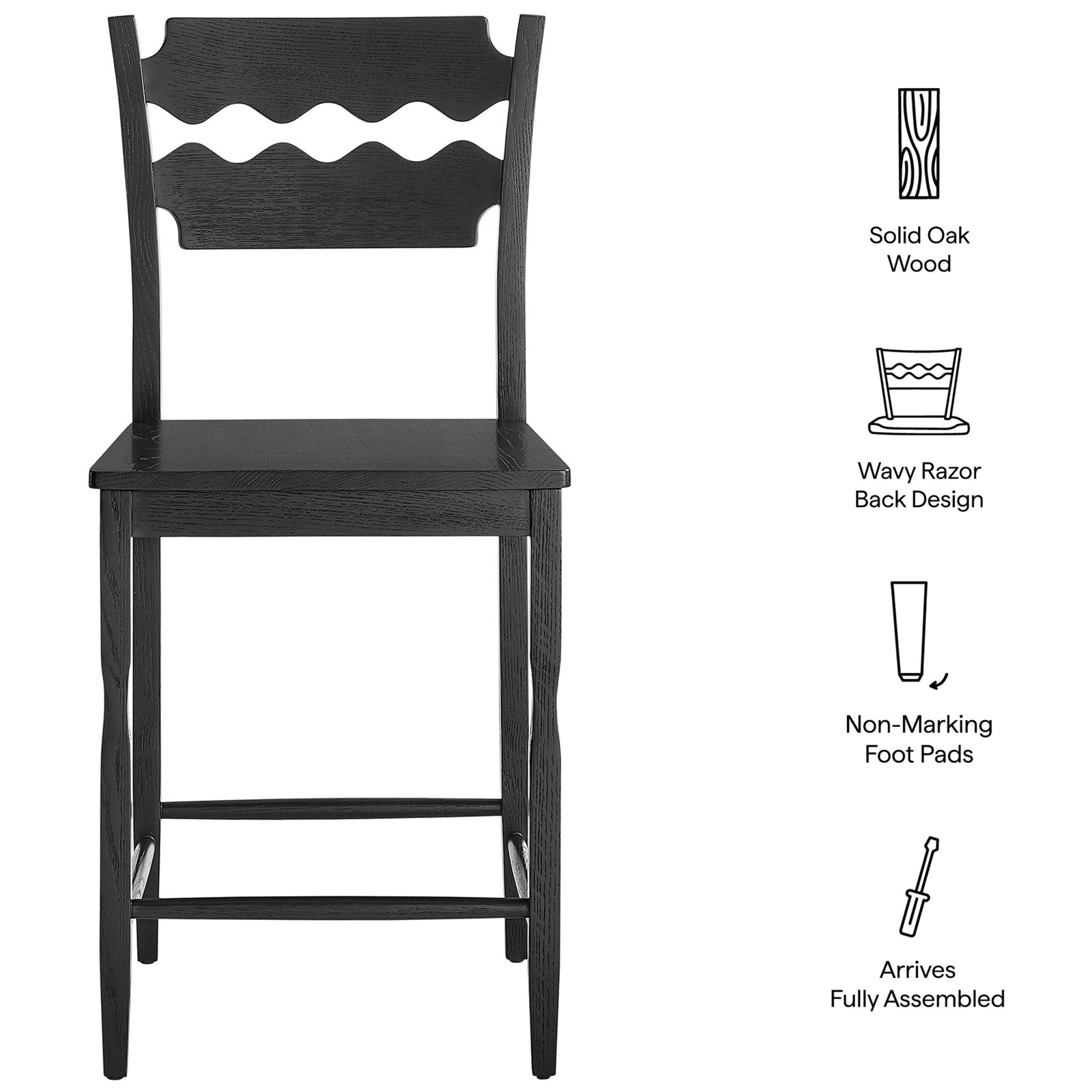 Highlights solid oak build, wavy razor-back, floor-safe foot pads, and fully assembled convenience || EEI-7505-BLK || callout_studio