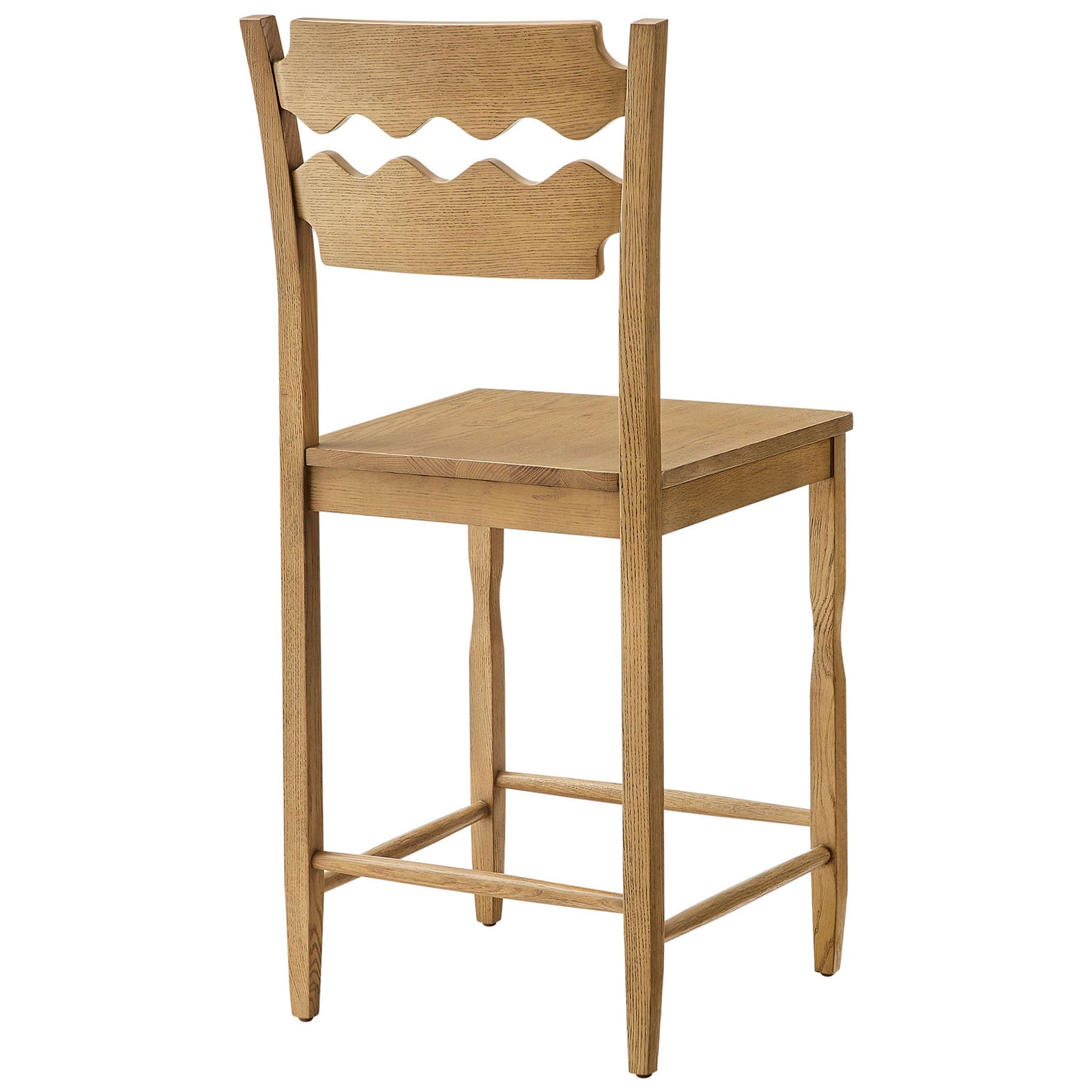 Curvy razor-back slats and subtly contoured posts add artful character to the oak counter stool. || EEI-7505-WOA || back_angle_studio