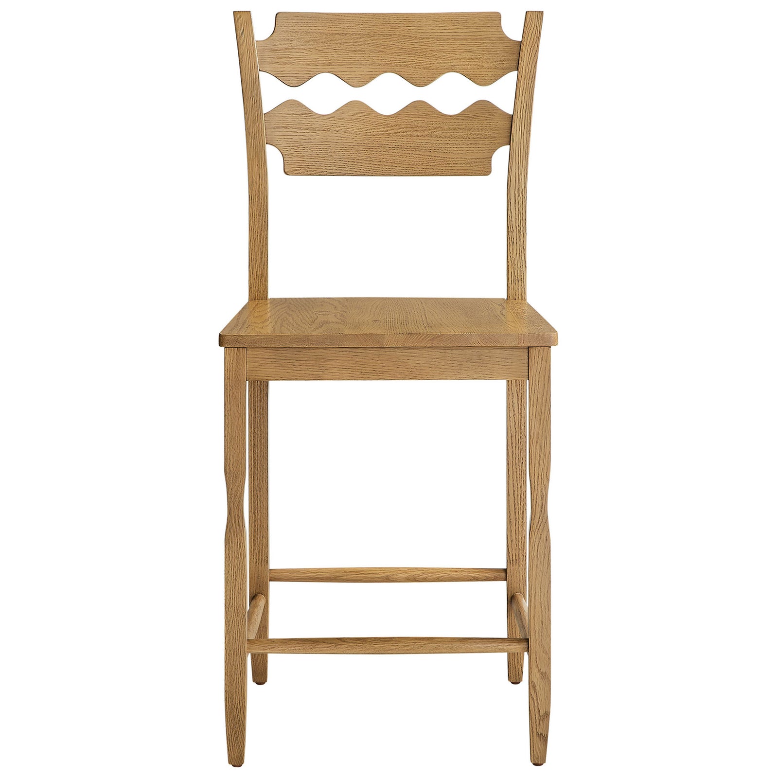 Counter stool in weathered oak with wavy razor-back and sturdy stretcher footrest. || EEI-7505-WOA || front_studio