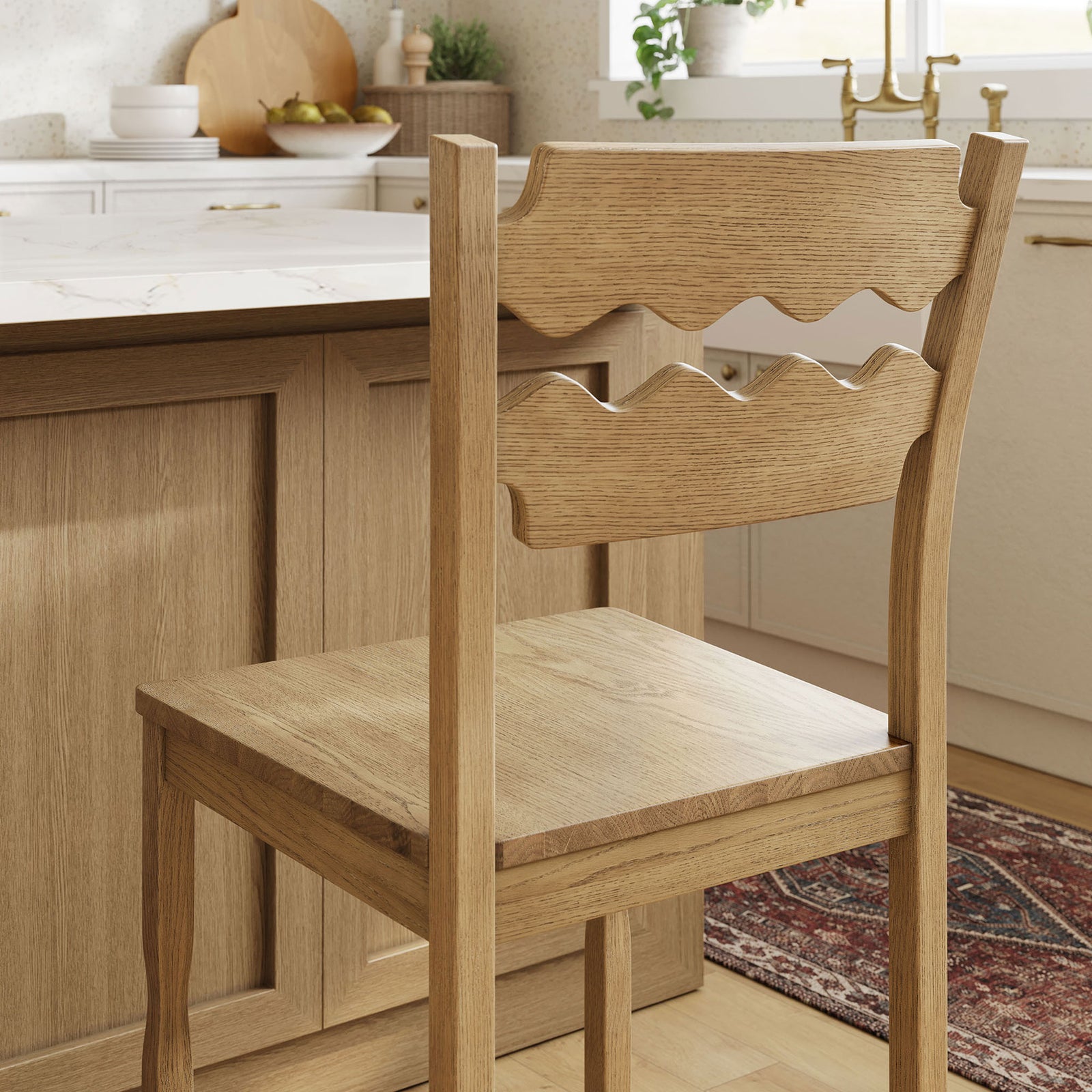 Ripple-back detail and natural oak grain elevate casual kitchens with artisanal texture. || EEI-7505-WOA || detail_room
