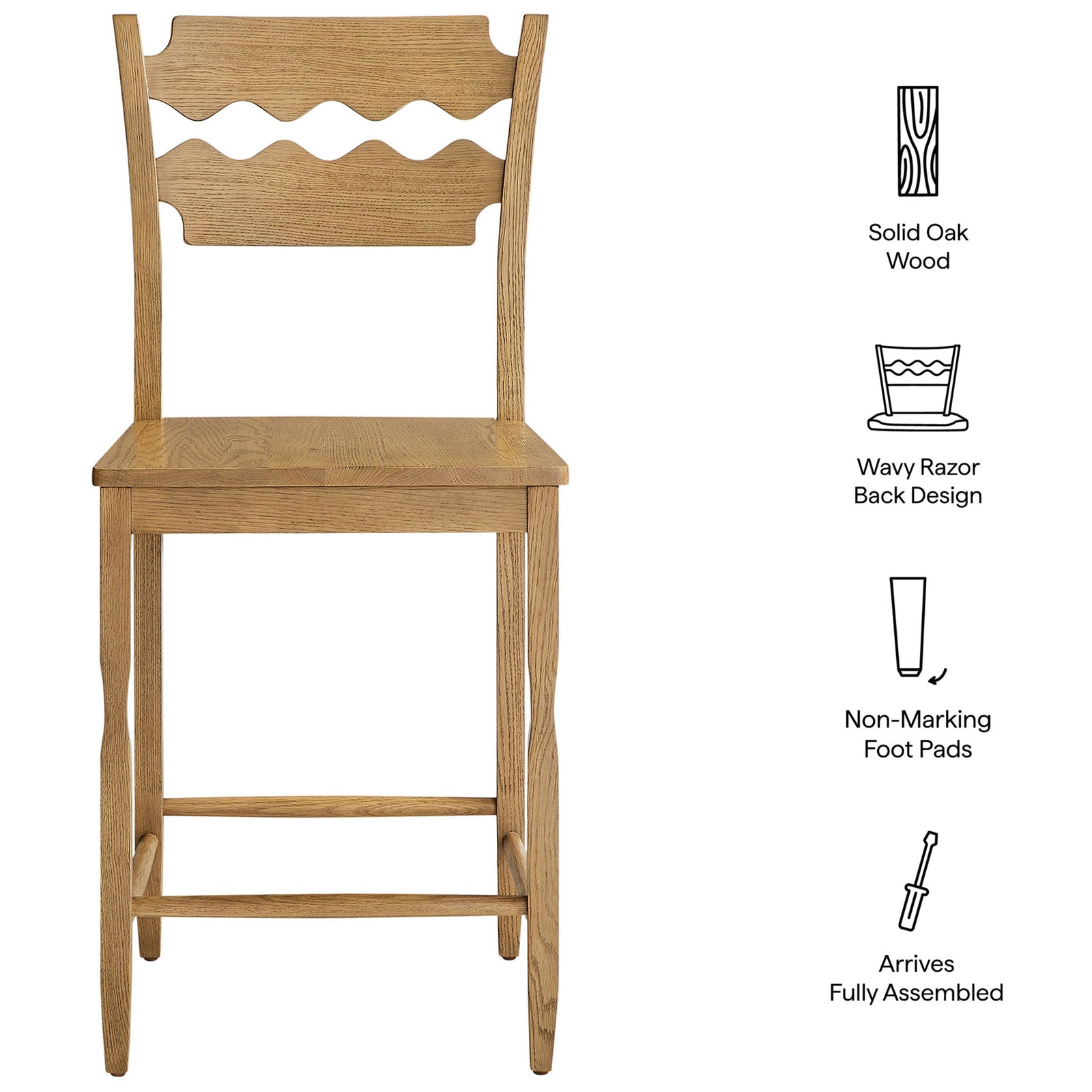 Solid oak stool with wavy back, non-marking foot pads, and fully assembled convenience. || EEI-7505-WOA || callout_studio