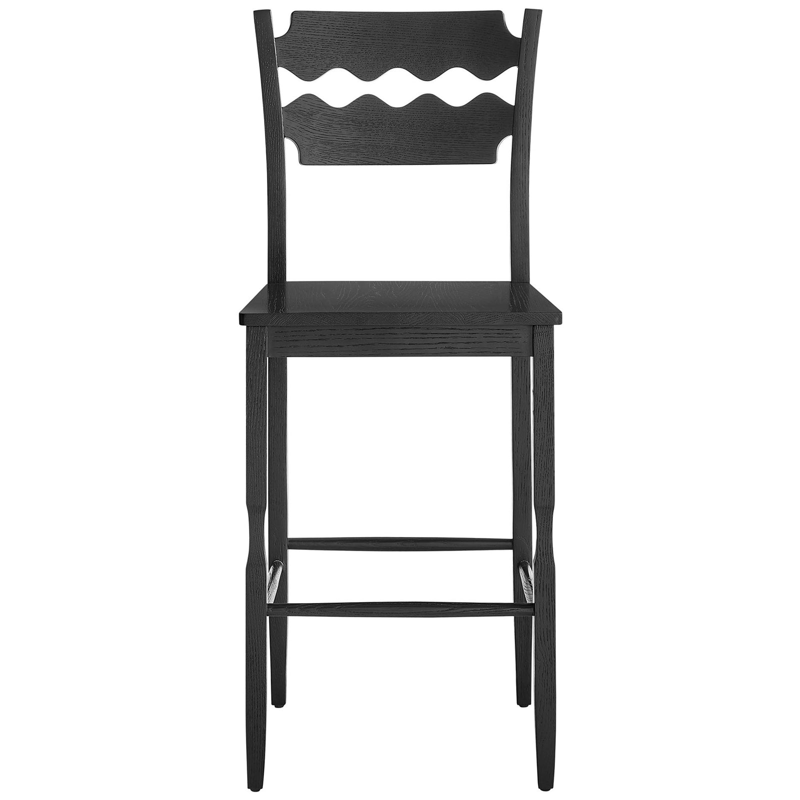 Black solid oak bar stool with wavy razor-back and four-sided stretcher base || EEI-7506-BLK || front_studio