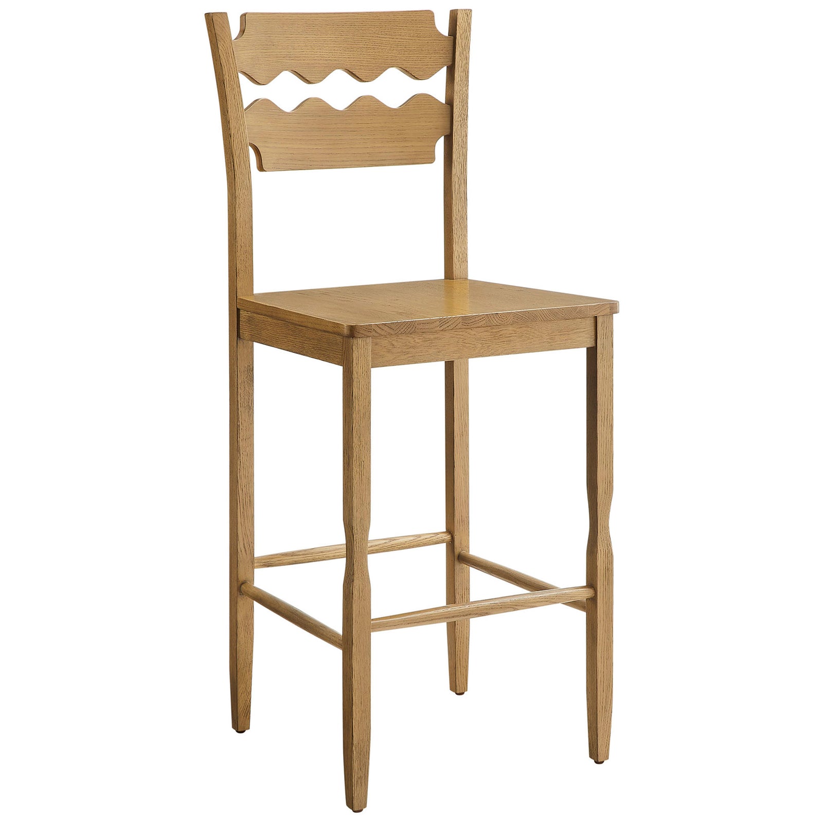 Sleek, armless oak bar stool pairs a square seat with sculpted posts for airy simplicity. || EEI-7506-WOA || front_angle_studio