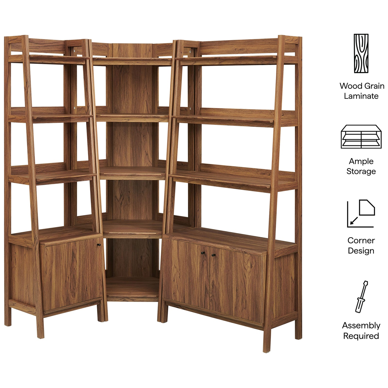 Feature highlights include wood grain laminate, ample storage, corner design, and simple assembly || EEI-7511-WAL || callout_studio